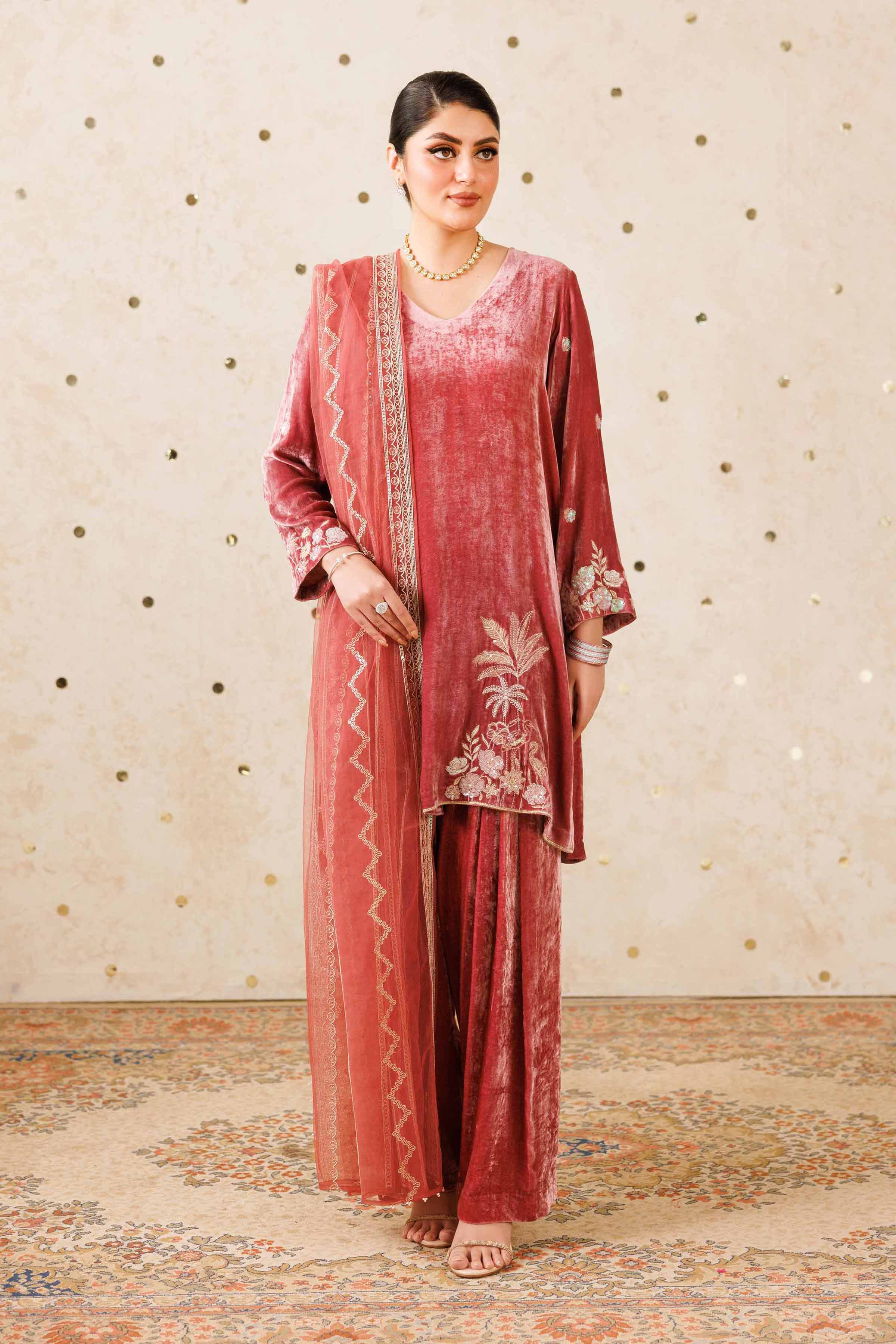NishatUK - Tea Pink Embroidered Velvet 3-piece ready to wear Suit