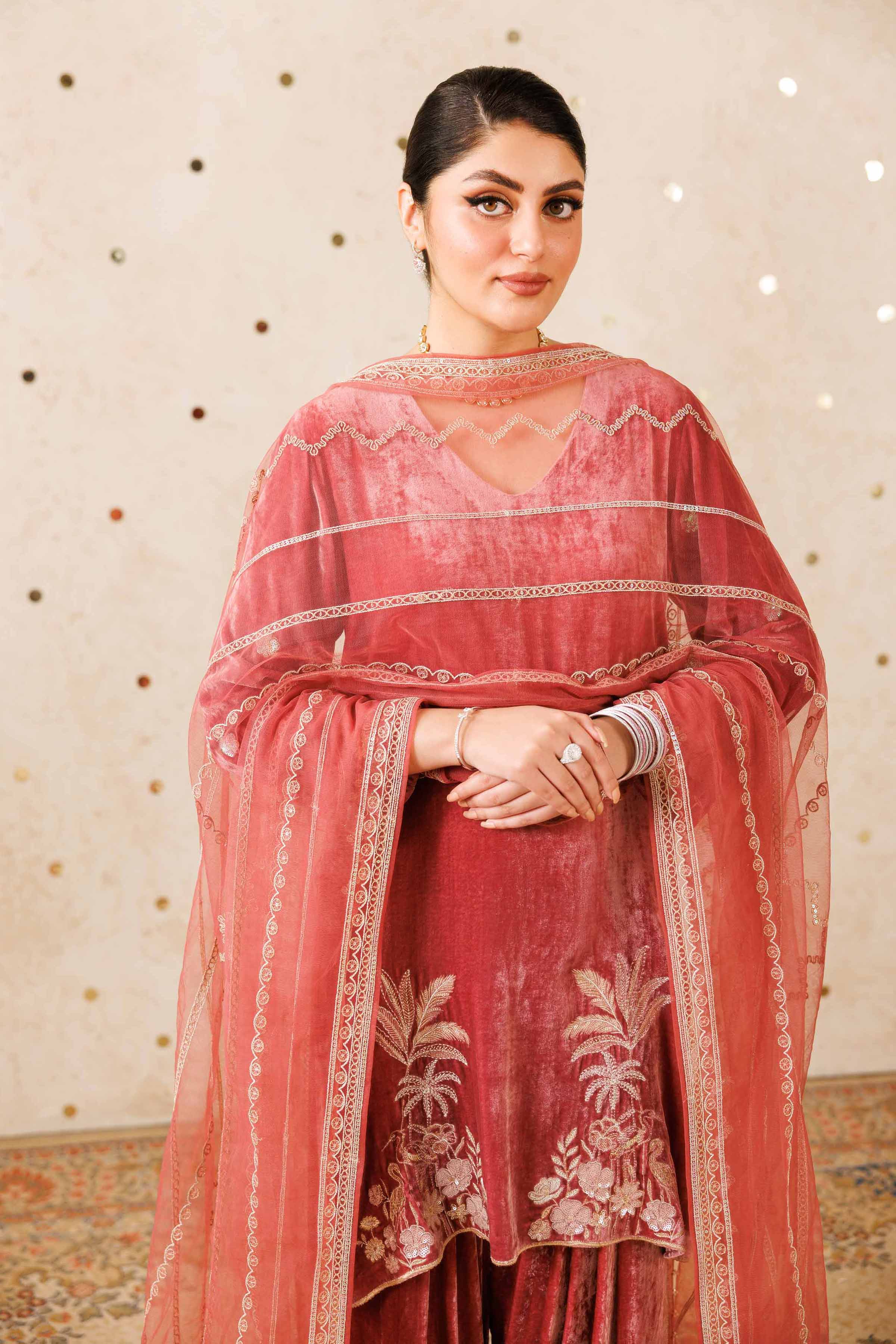 NishatUK - Tea Pink Embroidered Velvet 3-piece ready to wear Suit