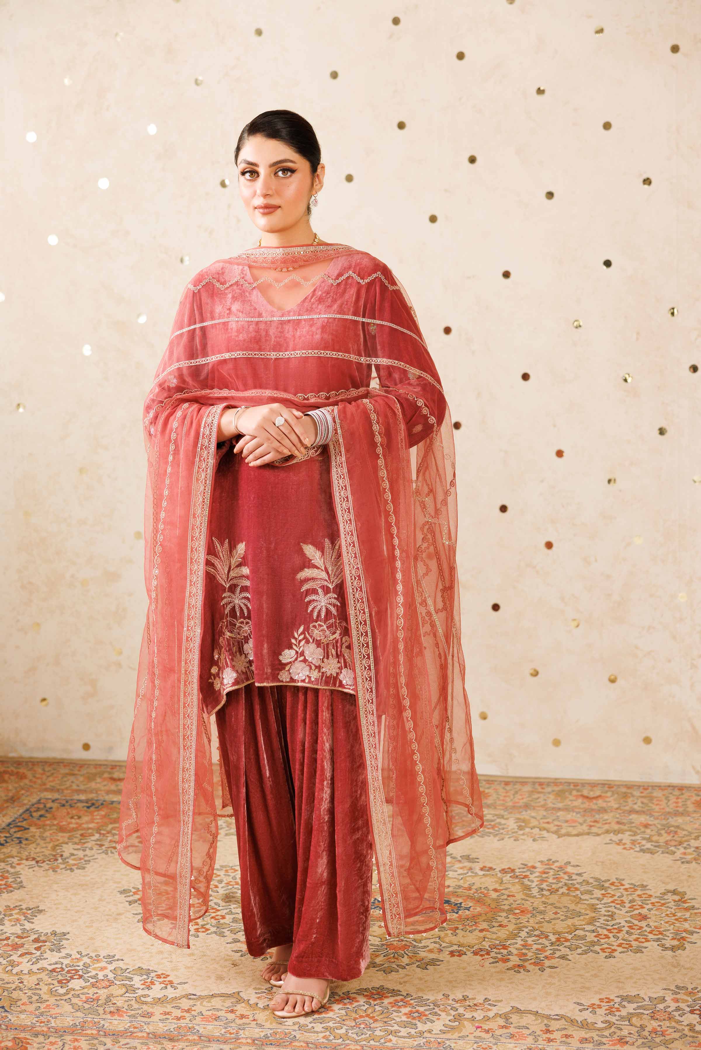 NishatUK - Tea Pink Embroidered Velvet 3-piece ready to wear Suit
