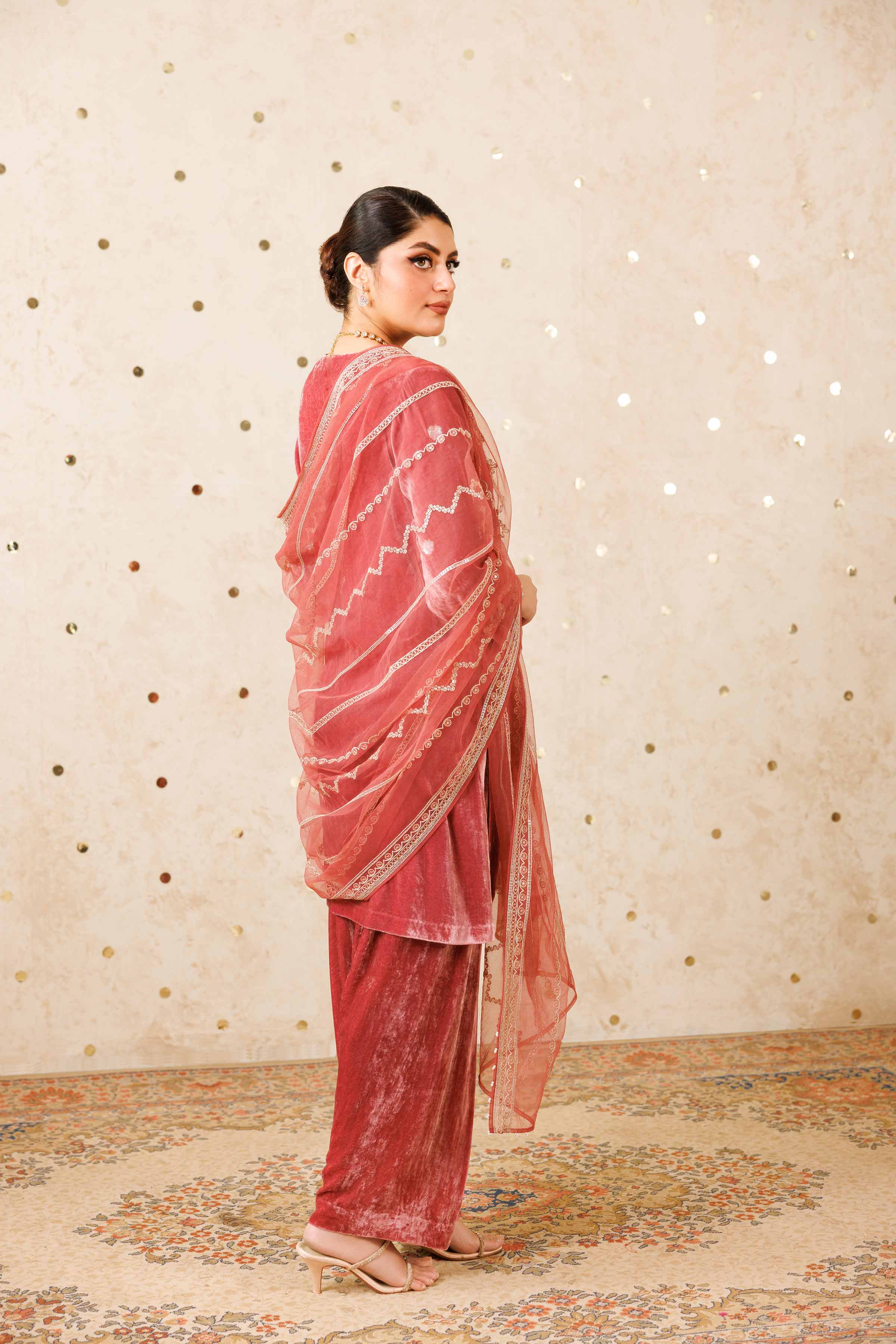 NishatUK - Tea Pink Embroidered Velvet 3-piece ready to wear Suit