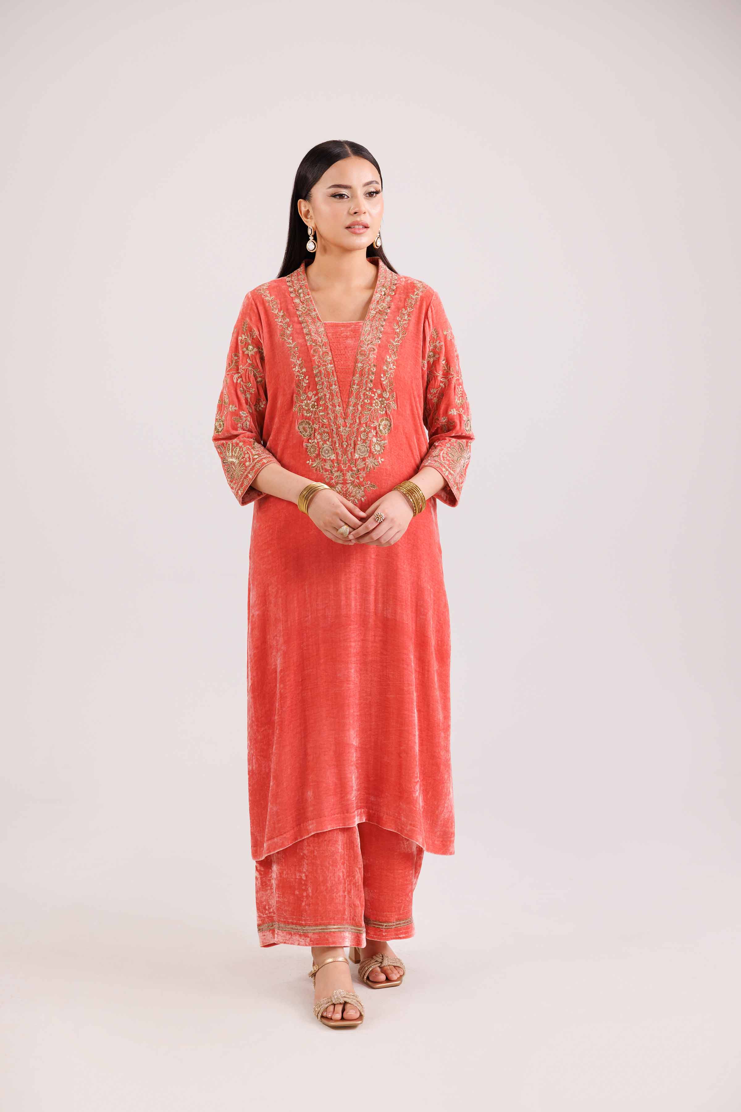 NishatUK - Coral Embroidered Velvet 2-piece ready to wear Luxury Dress