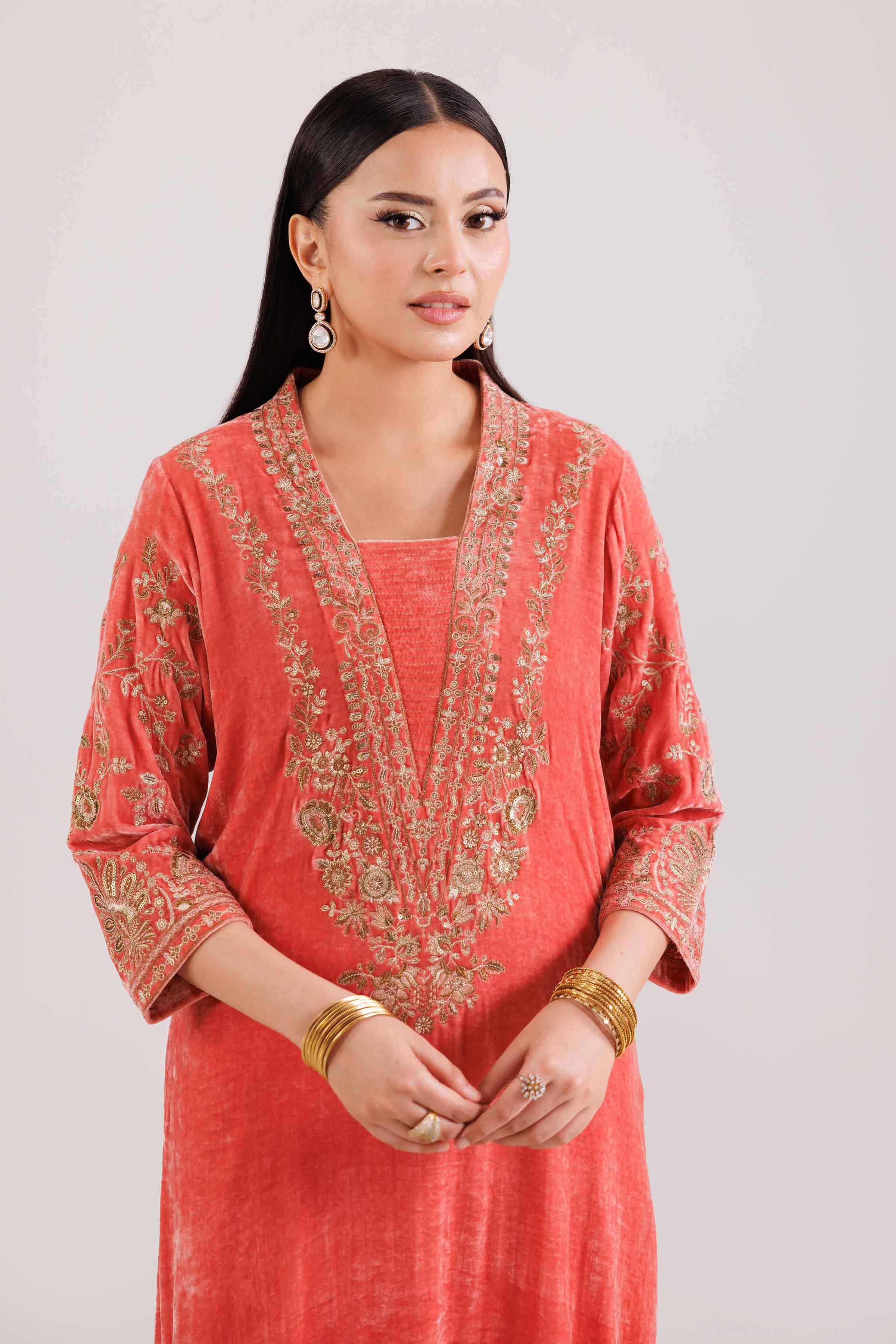 NishatUK - Coral Embroidered Velvet 2-piece ready to wear Luxury Dress