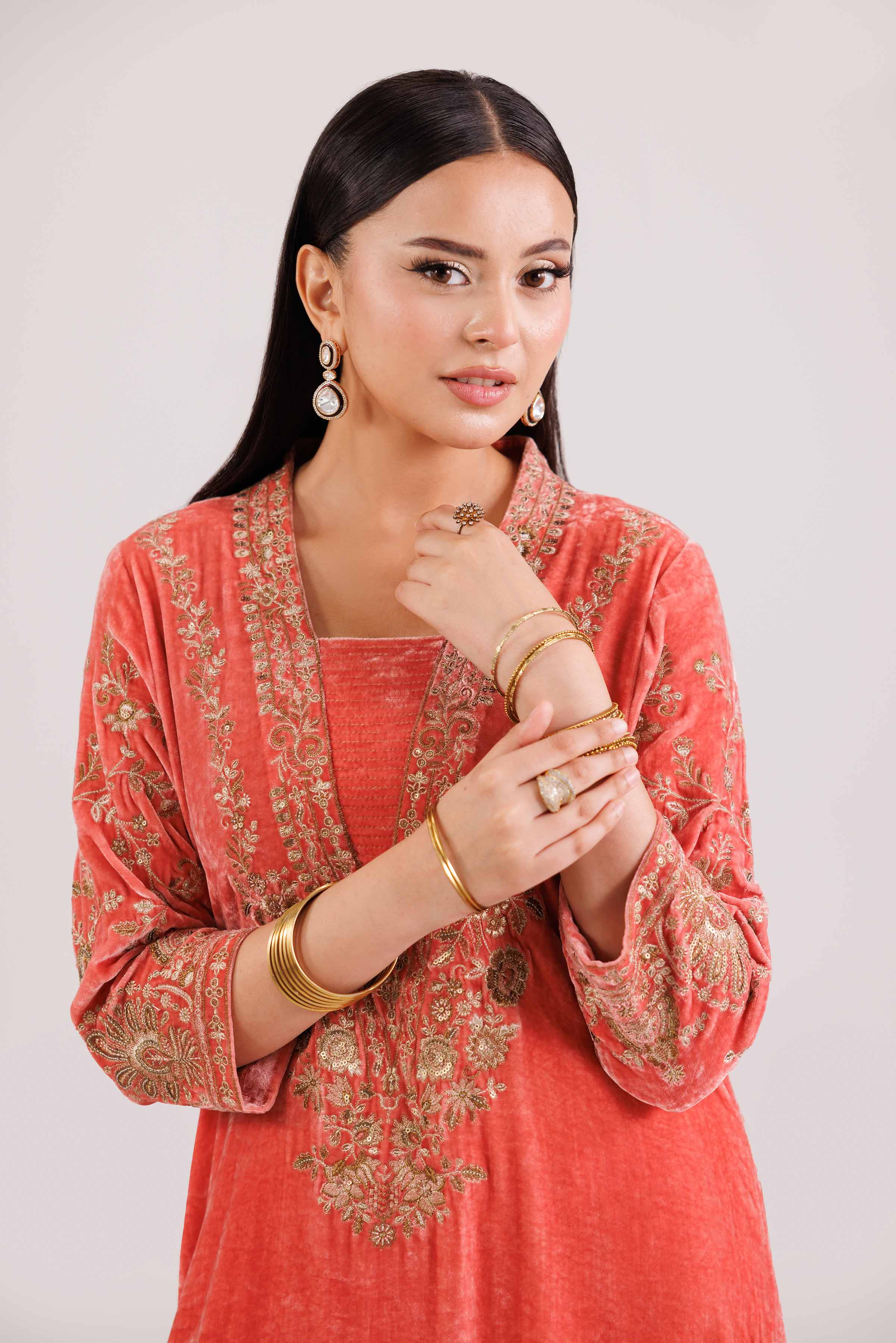 NishatUK - Coral Embroidered Velvet 2-piece ready to wear Luxury Dress
