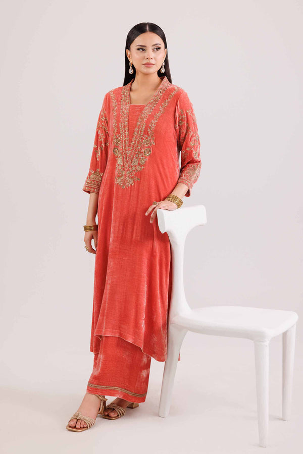 NishatUK - Coral Embroidered Velvet 2-piece ready to wear Luxury Dress