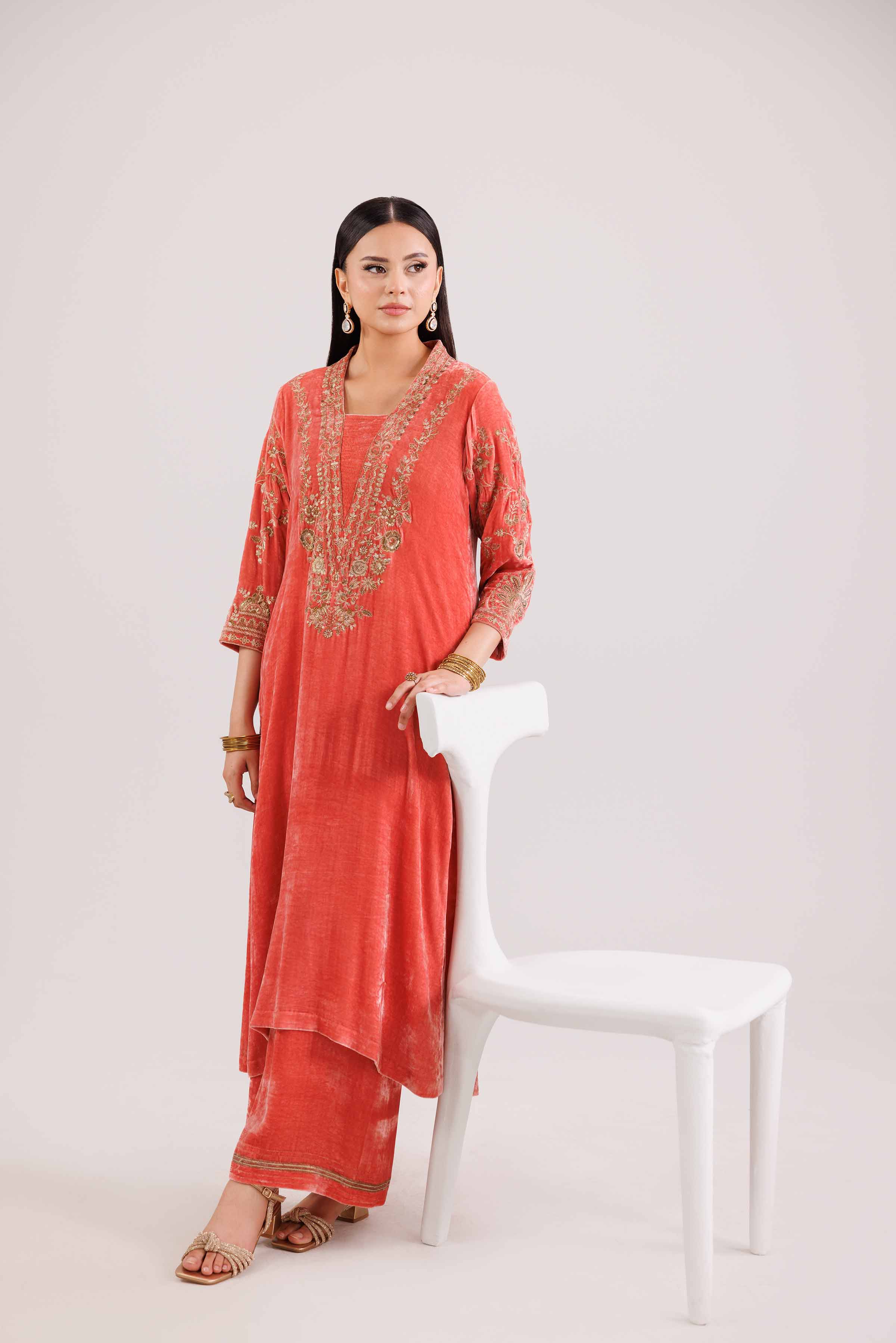 NishatUK - Coral Embroidered Velvet 2-piece ready to wear Luxury Dress