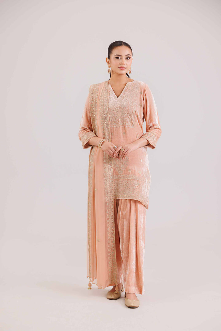NishatUK - Peach Embroidered  Velvet 3-piece ready to wear Suit