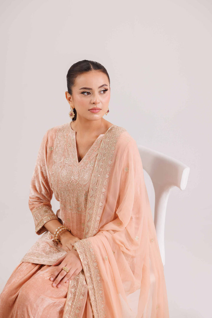 NishatUK - Peach Embroidered  Velvet 3-piece ready to wear Suit
