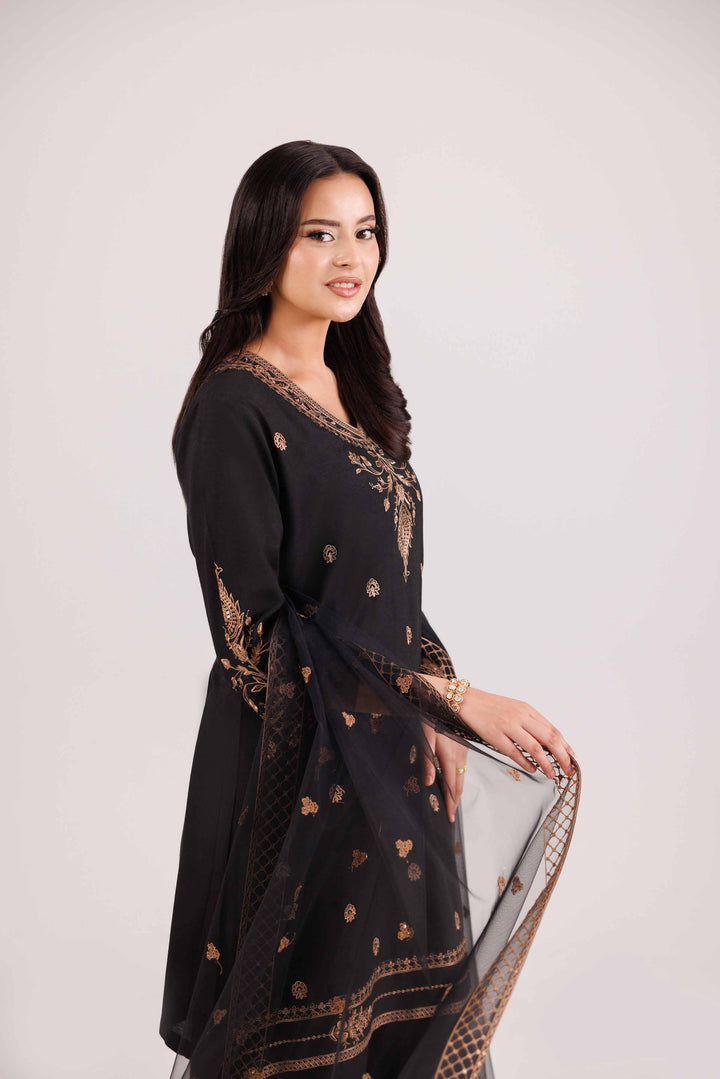 NishatUK - Black Embroidered Silk 3-piece ready to wear Luxury Suit
