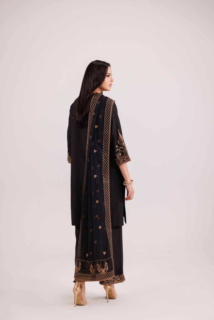NishatUK - Black Embroidered Silk 3-piece ready to wear Luxury Suit