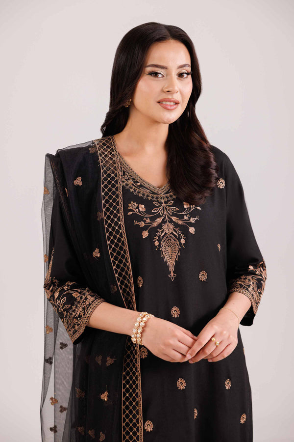 NishatUK - Black Embroidered Silk 3-piece ready to wear Luxury Suit