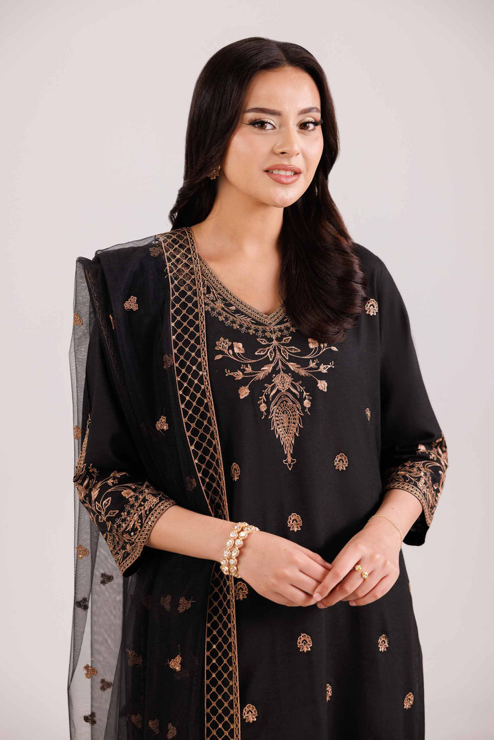 NishatUK - Black Embroidered Silk 3-piece ready to wear Luxury Suit