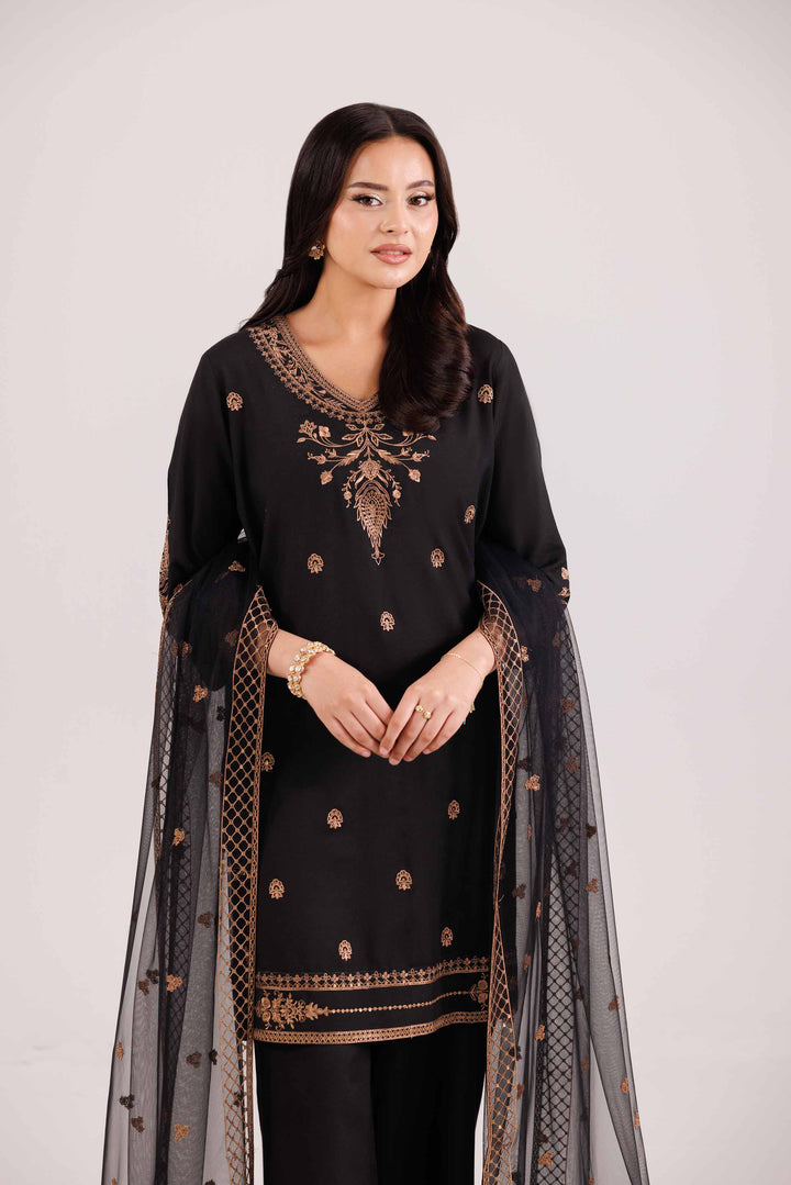 NishatUK - Black Embroidered Silk 3-piece ready to wear Luxury Suit