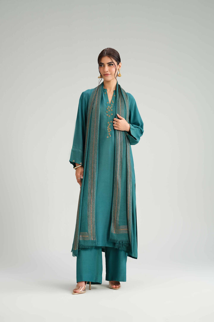 NishatUK - Green Solids Silk 3-piece ready to wear Luxury Suit
