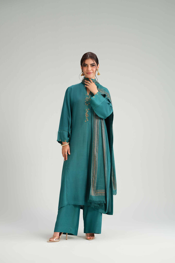 NishatUK - Green Solids Silk 3-piece ready to wear Luxury Suit