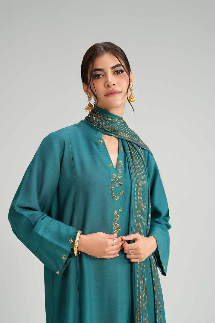 NishatUK - Green Solids Silk 3-piece ready to wear Luxury Suit