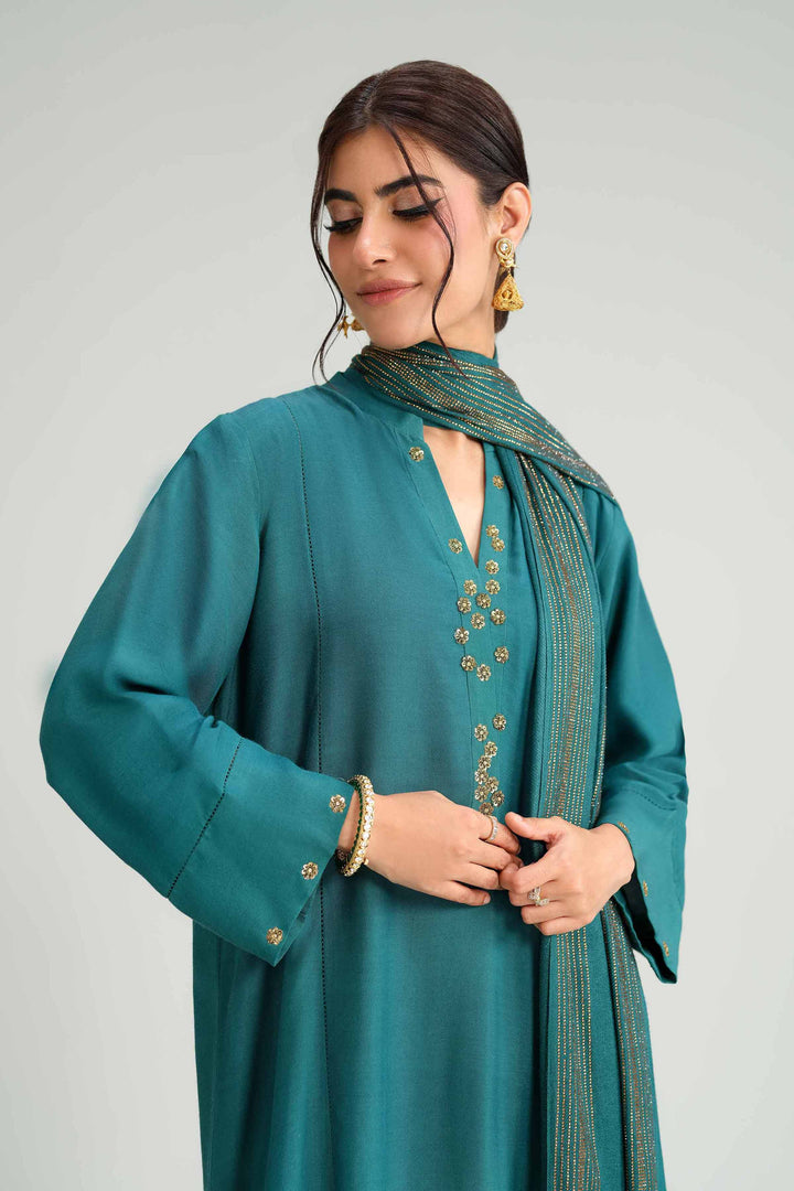 NishatUK - Green Solids Silk 3-piece ready to wear Luxury Suit