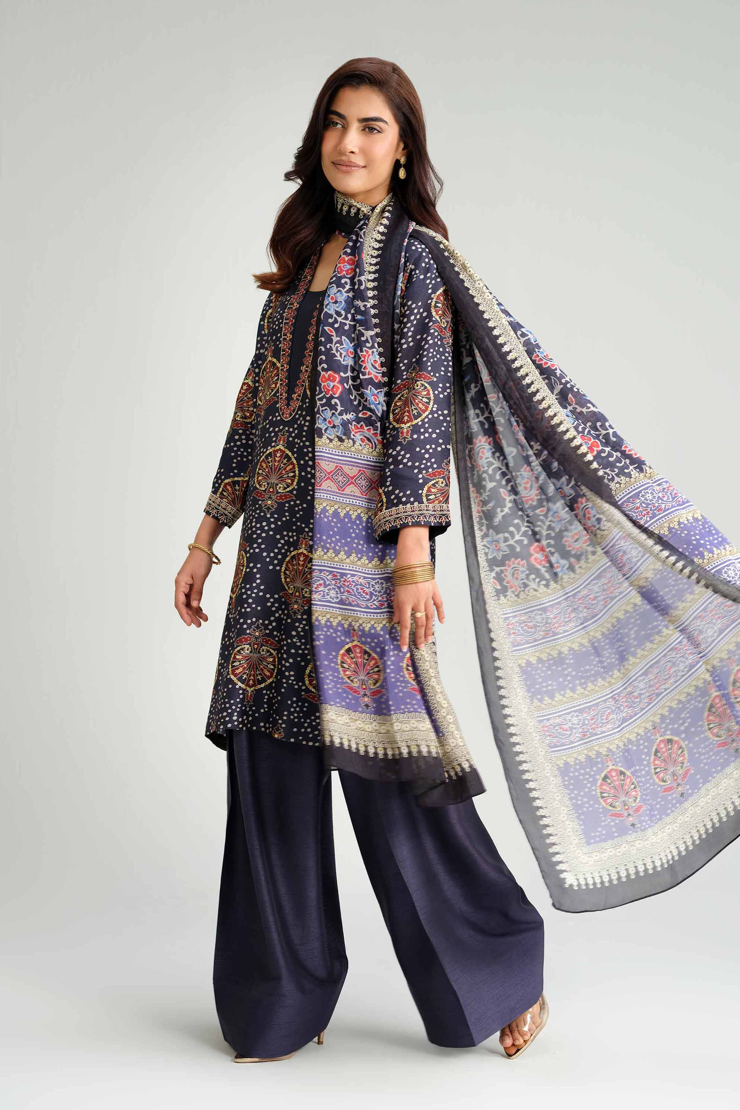 NishatUK - Blue Embroidered Silk 3-piece ready to wear-luxury Suit