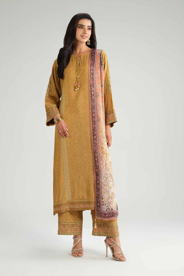 NishatUK - Olive Embroidered Silk 3-piece ready to wear Luxury Suit