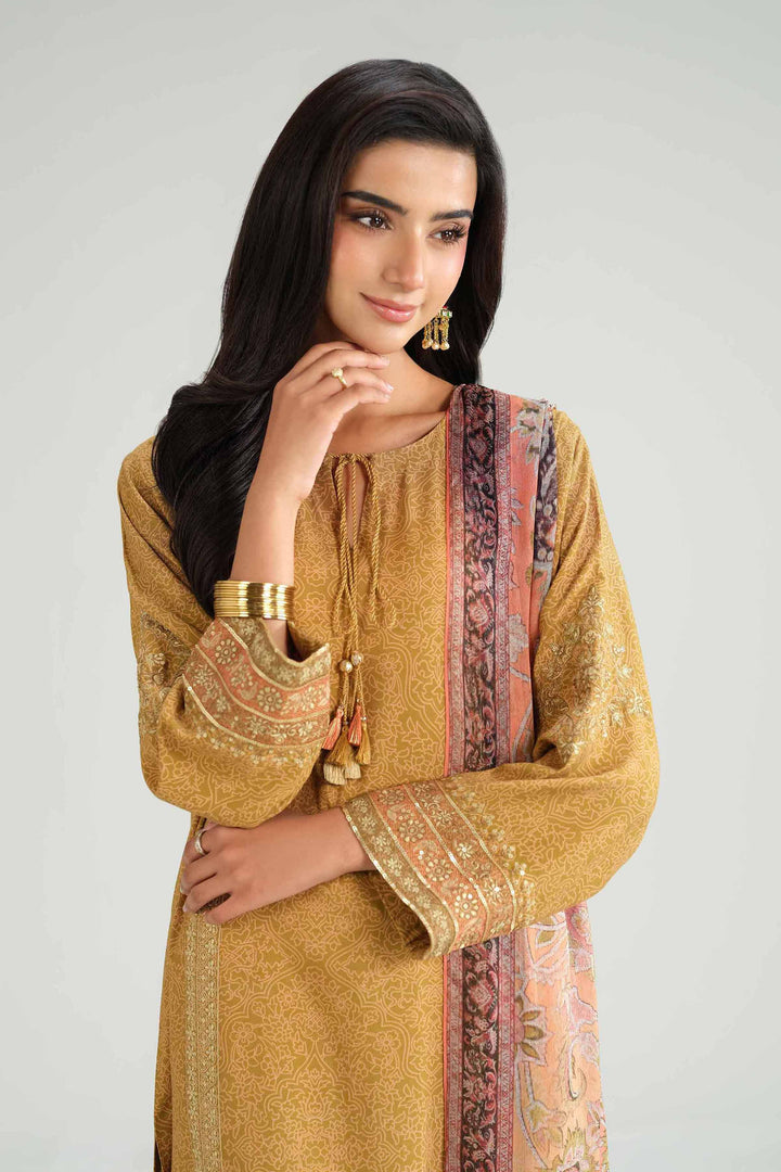 NishatUK - Olive Embroidered Silk 3-piece ready to wear Luxury Suit