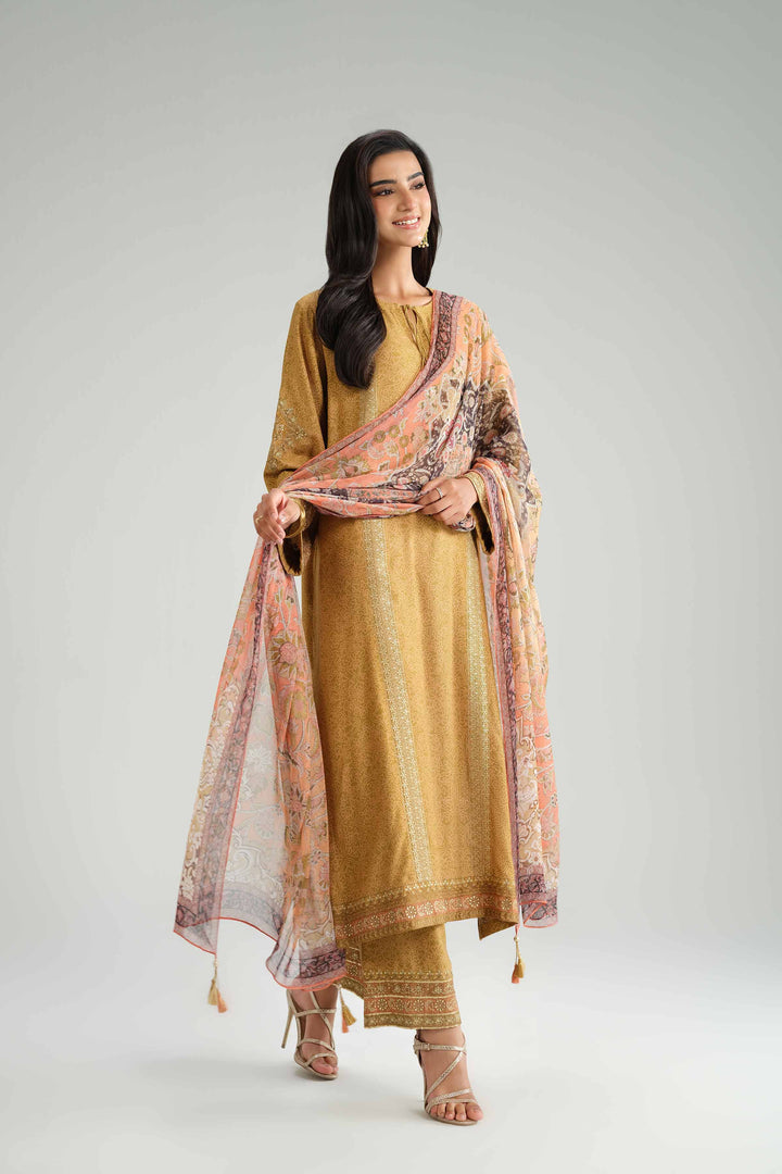 NishatUK - Olive Embroidered Silk 3-piece ready to wear Luxury Suit