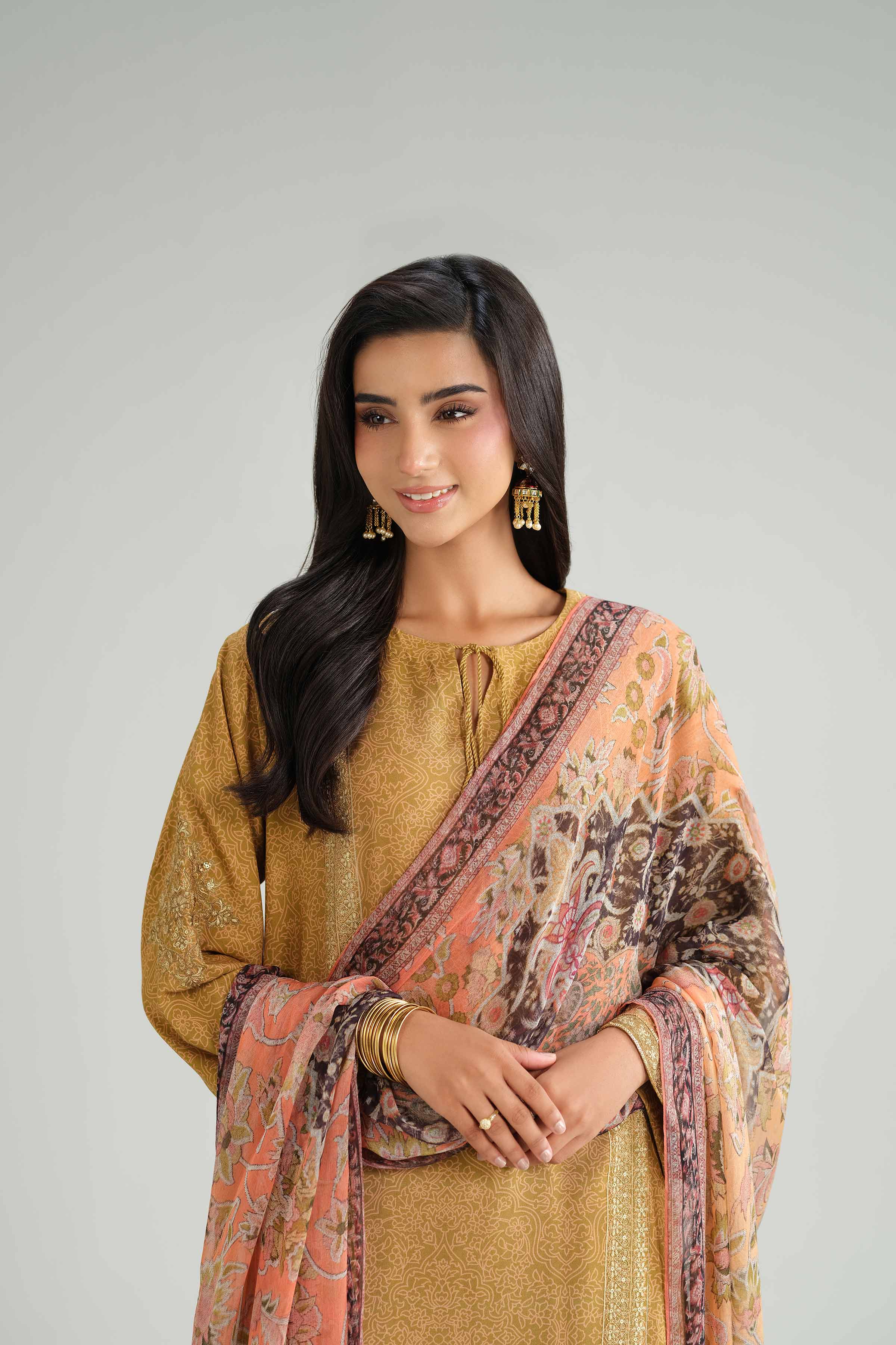 NishatUK - Olive Embroidered Silk 3-piece ready to wear Luxury Suit