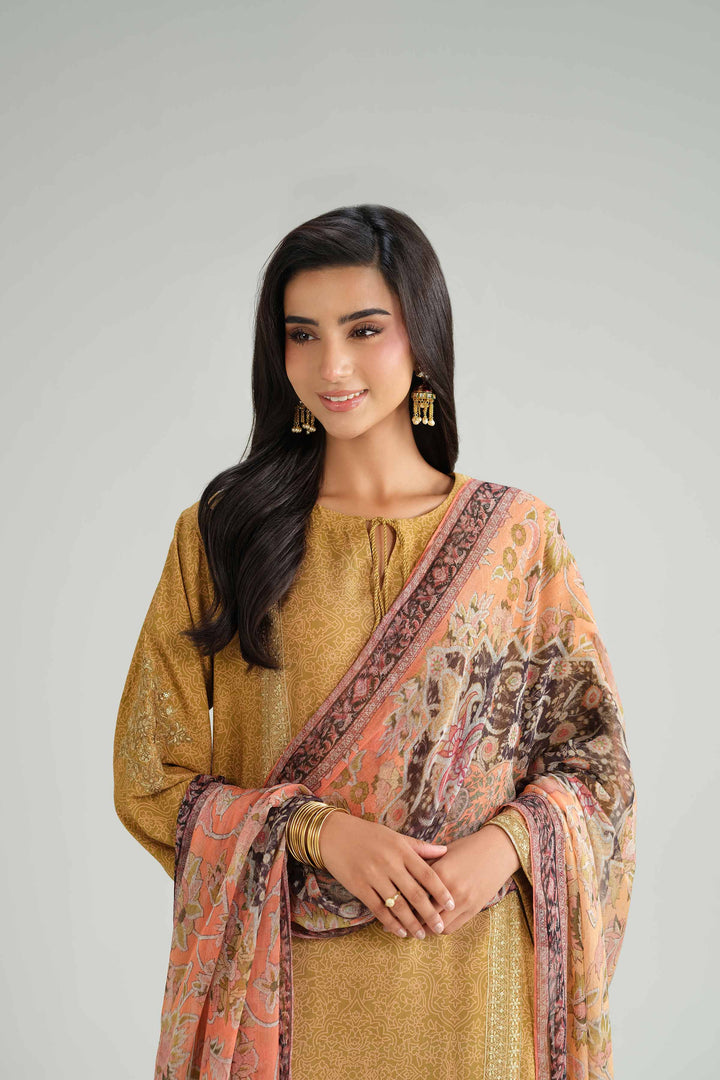 NishatUK - Olive Embroidered Silk 3-piece ready to wear Luxury Suit