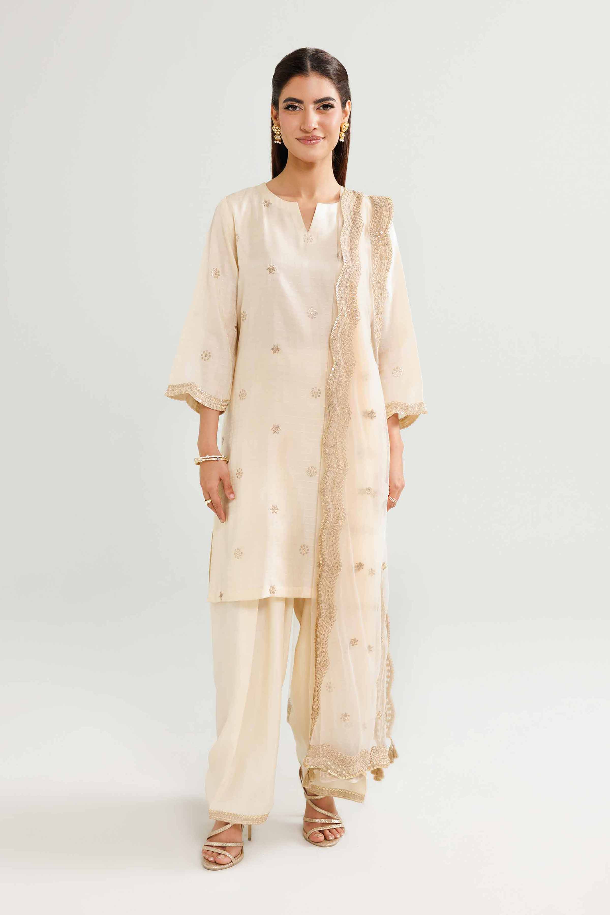 NishatUK - Beige Embroidered Fancy Tussar 3-piece ready to wear luxury suit