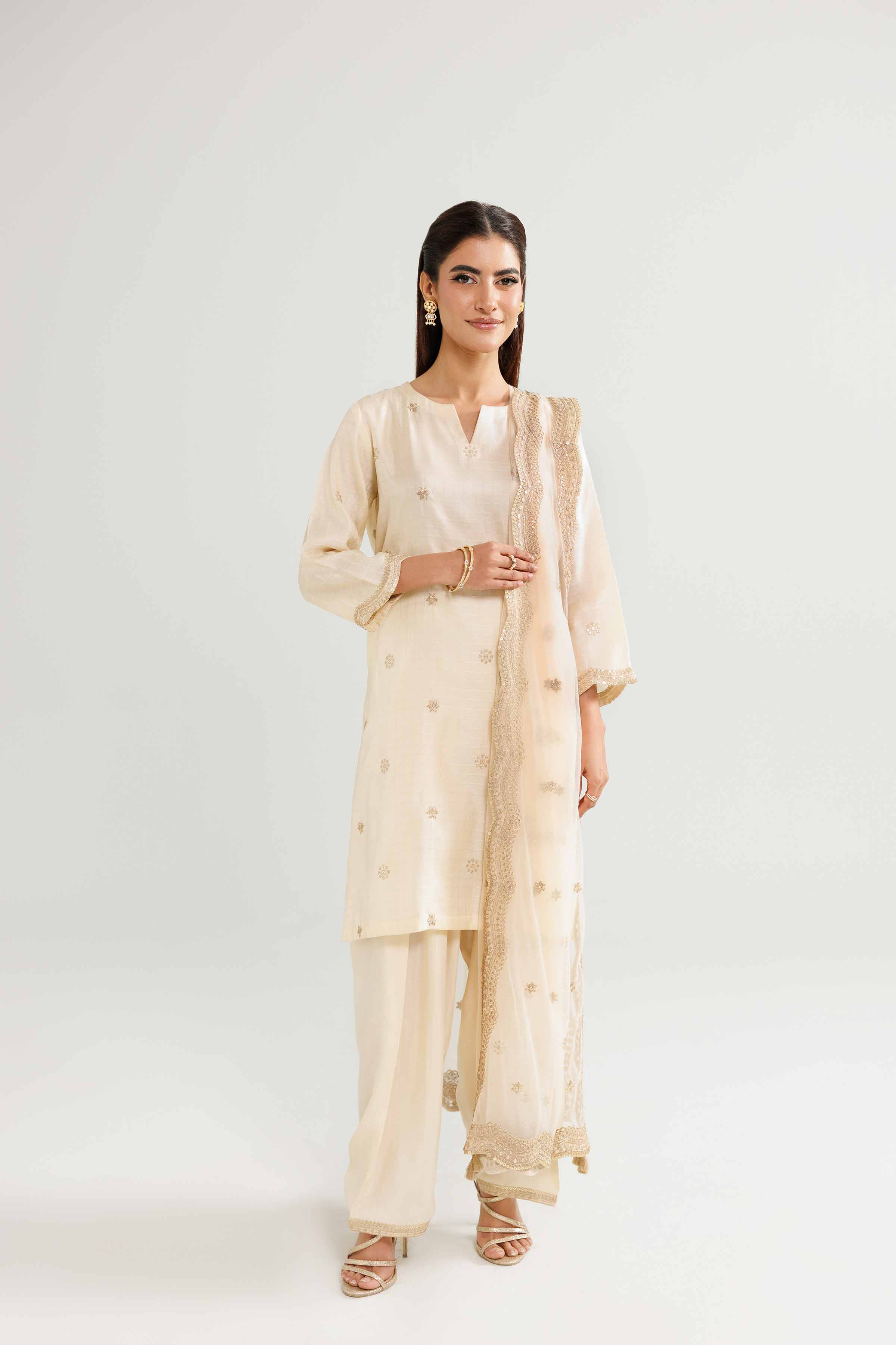 NishatUK - Beige Embroidered Fancy Tussar 3-piece ready to wear luxury suit