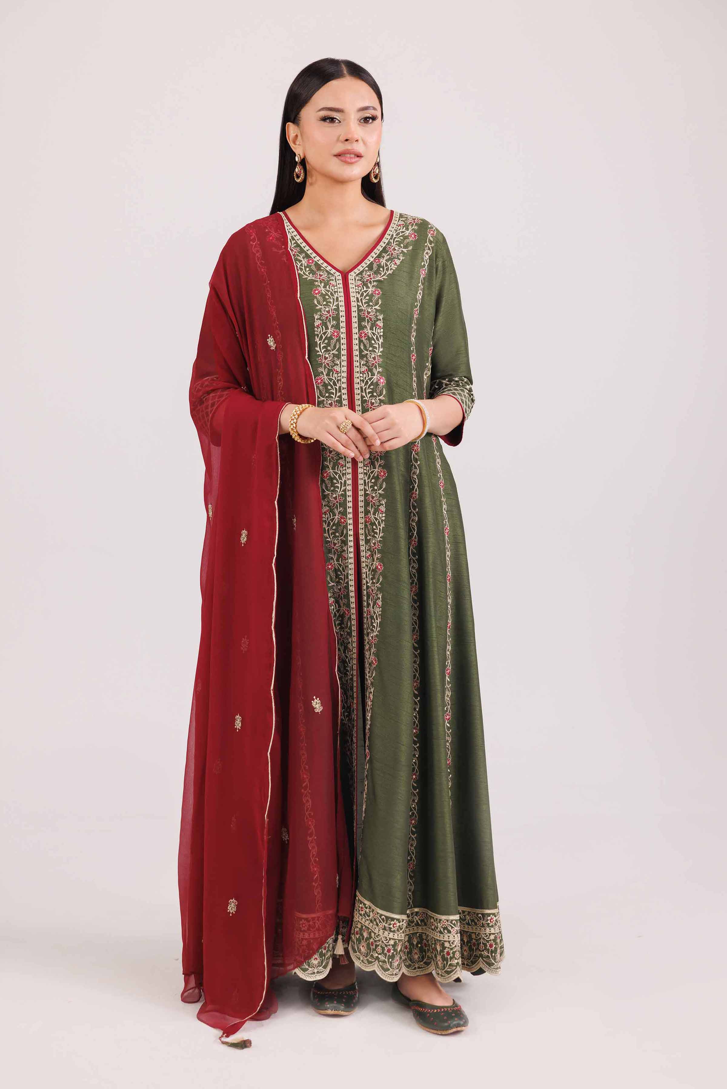 NishatUK - Green Embroidered Silk 3-piece ready to wear luxury suit