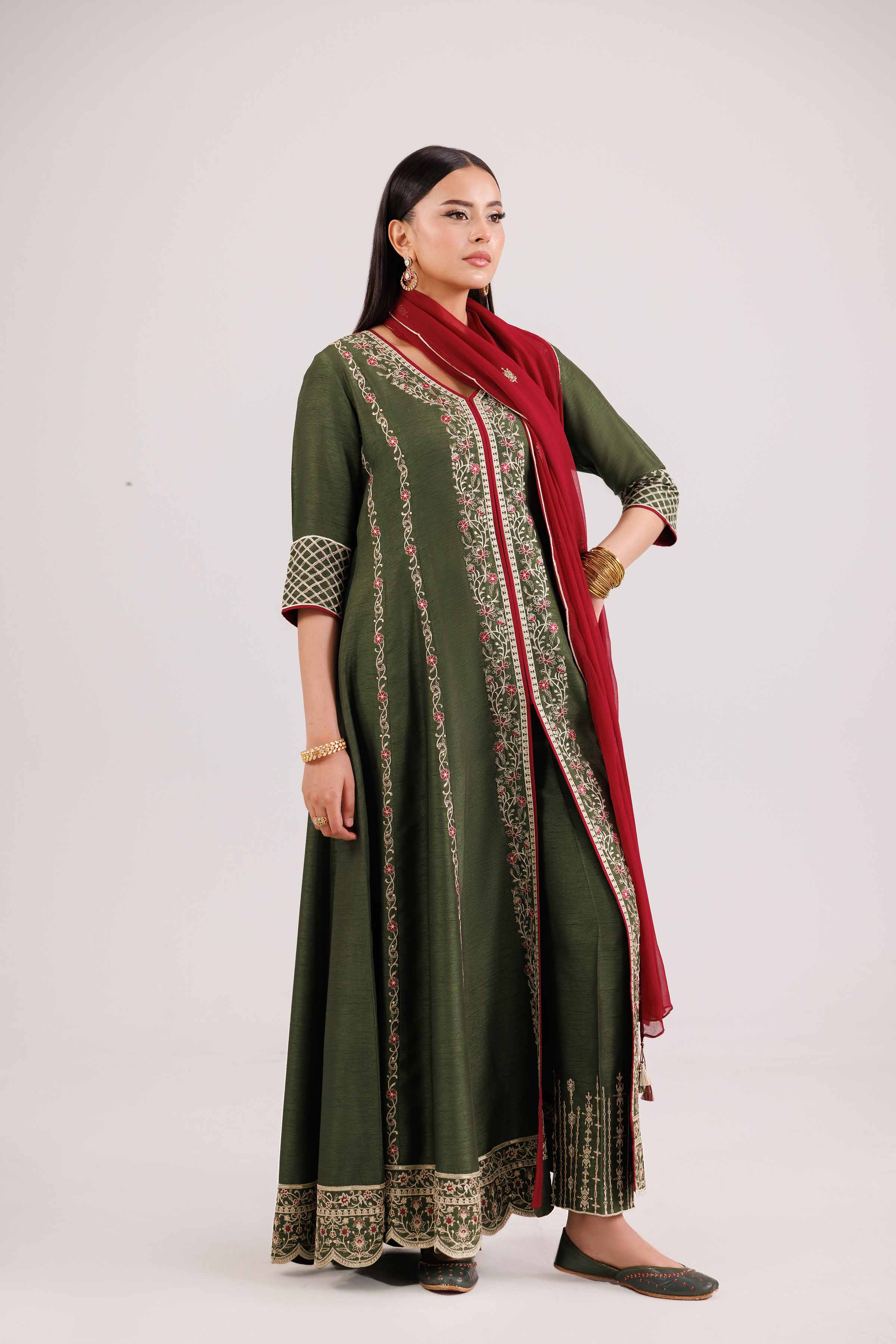 NishatUK - Green Embroidered Silk 3-piece ready to wear luxury suit