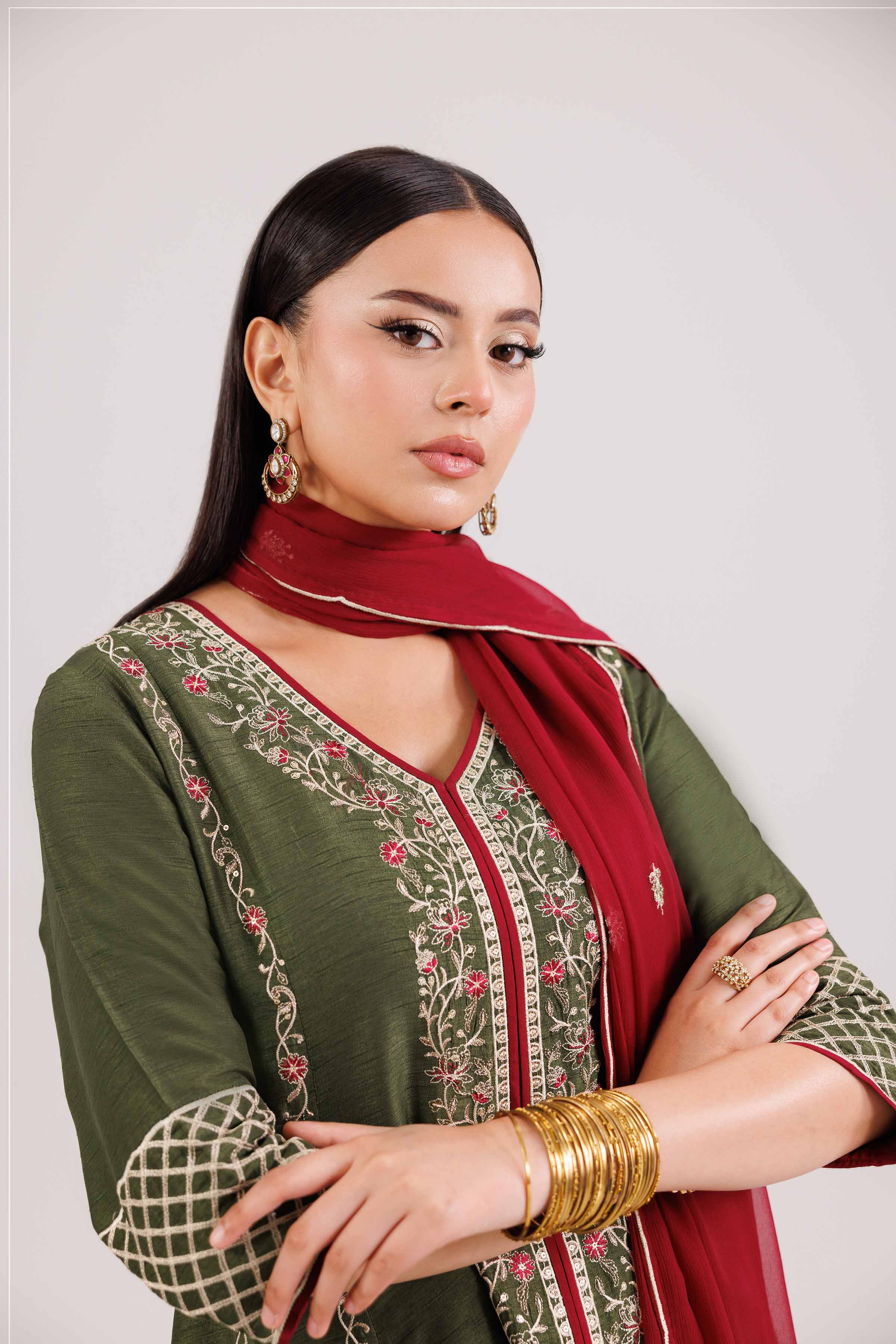 NishatUK - Green Embroidered Silk 3-piece ready to wear luxury suit