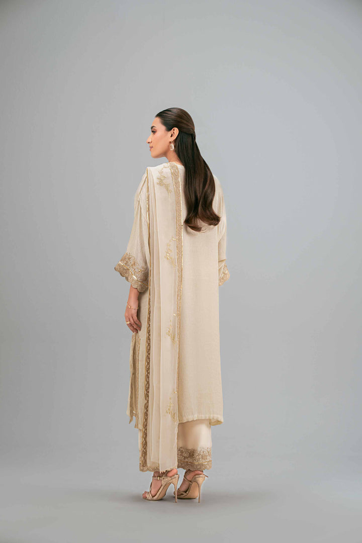 NishatUK - Beige Embroidered Chiffon 3-piece ready to wear Luxury Suit