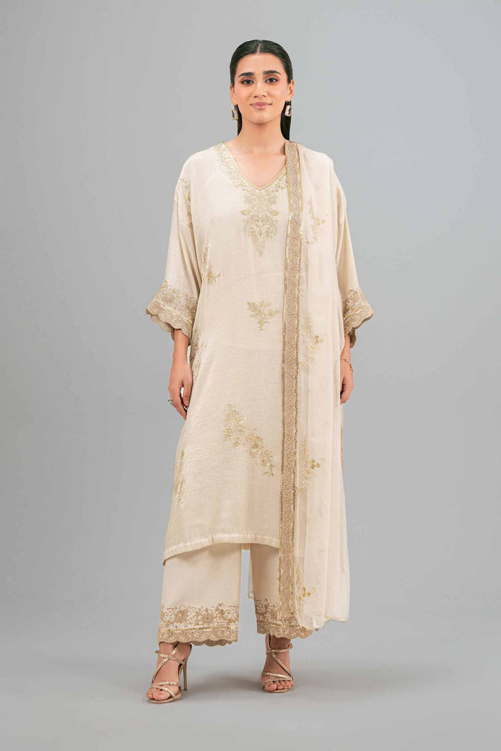 NishatUK - Beige Embroidered Chiffon 3-piece ready to wear Luxury Suit