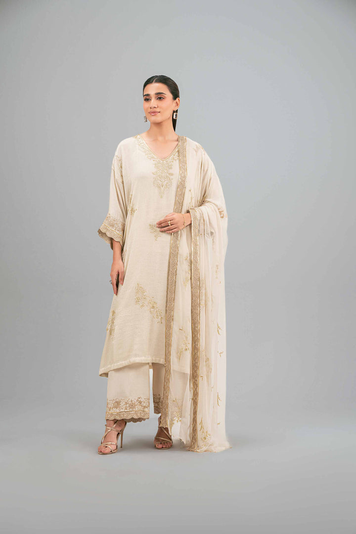 NishatUK - Beige Embroidered Chiffon 3-piece ready to wear Luxury Suit