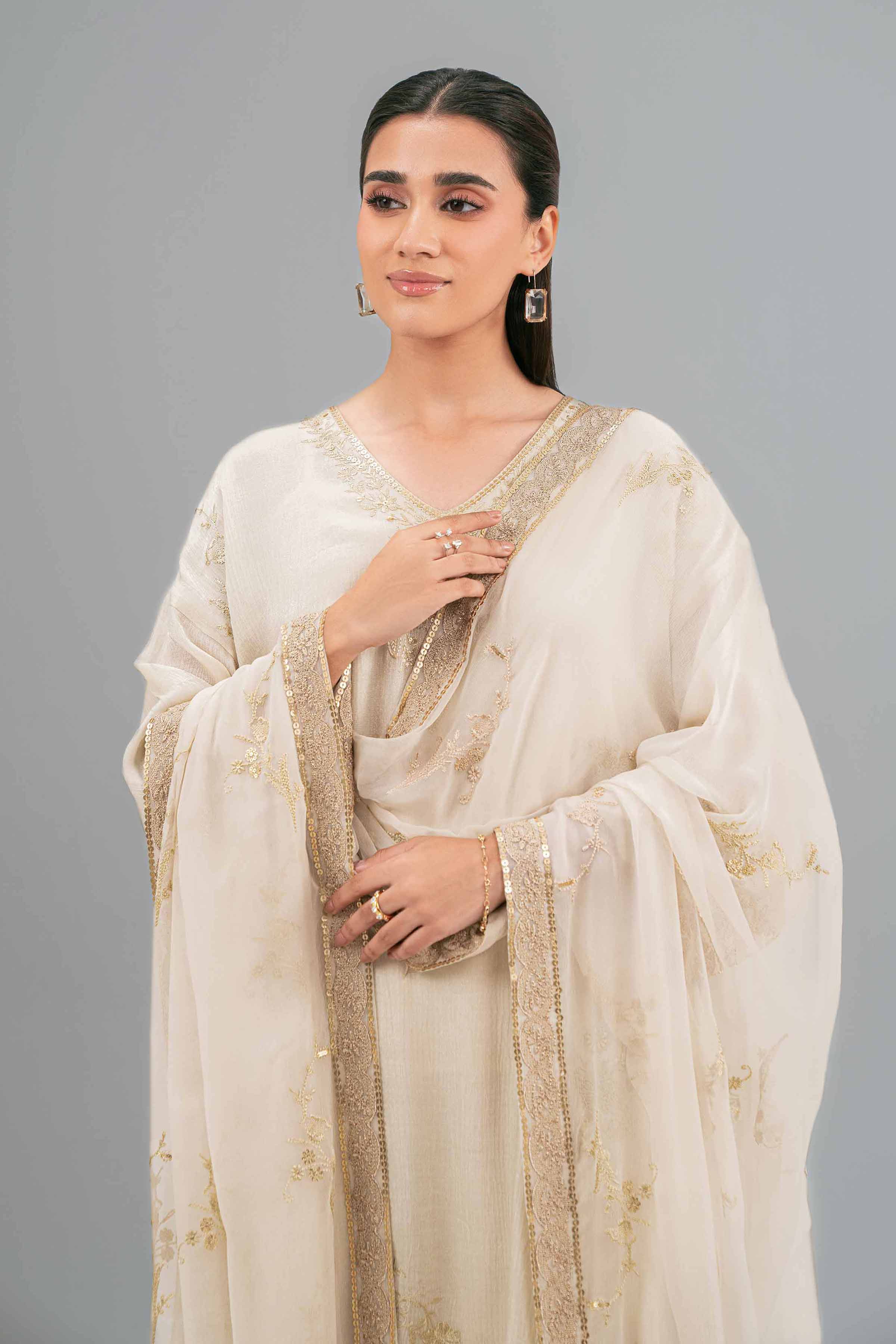 NishatUK - Beige Embroidered Chiffon 3-piece ready to wear Luxury Suit