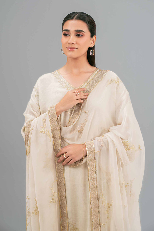 NishatUK - Beige Embroidered Chiffon 3-piece ready to wear Luxury Suit