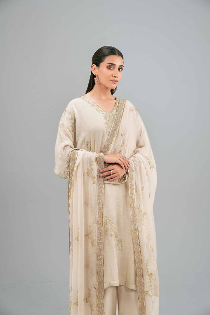 NishatUK - Beige Embroidered Chiffon 3-piece ready to wear Luxury Suit