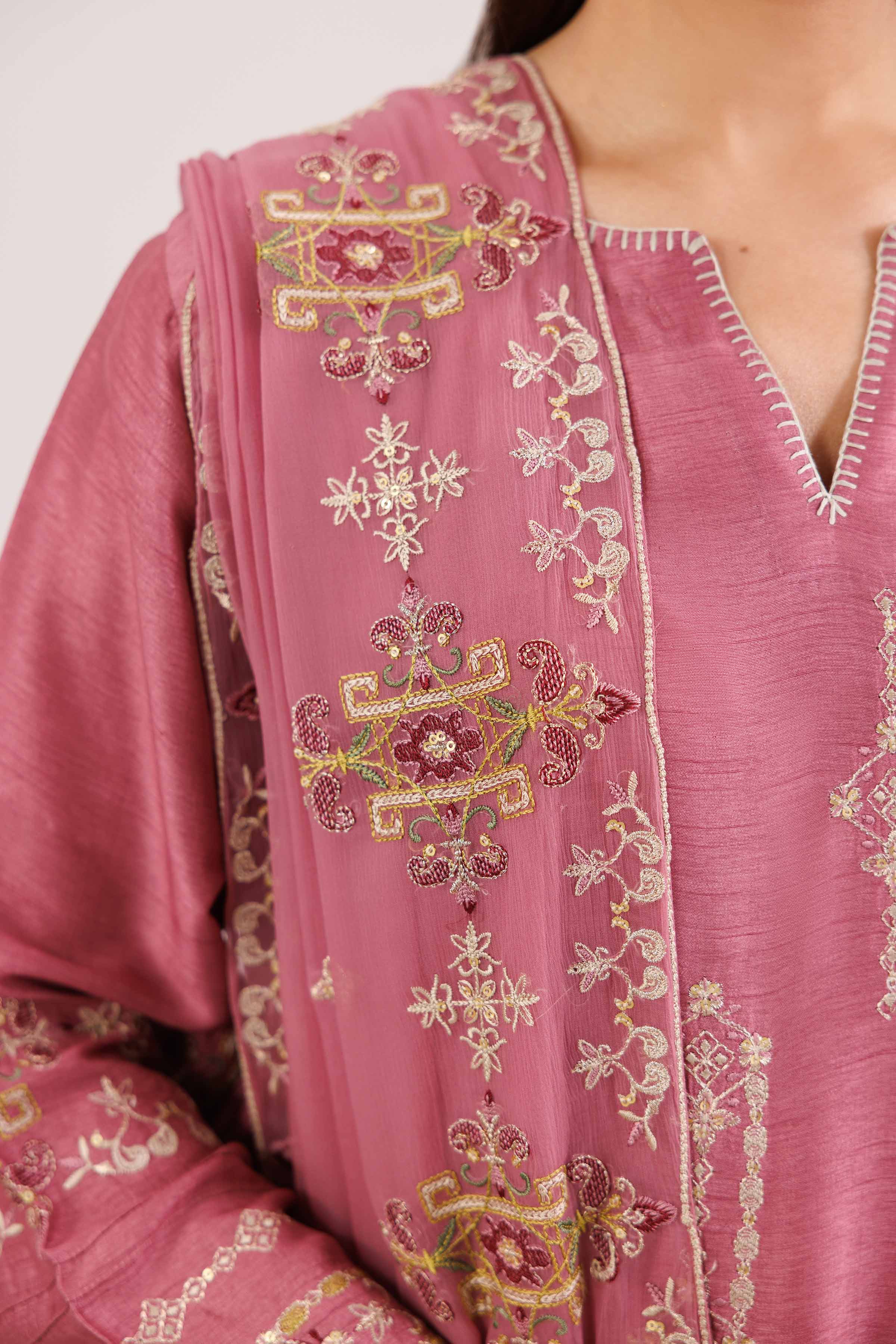 NishatUK - Pink Embroidered Silk 3-piece ready to wear-luxury Suit