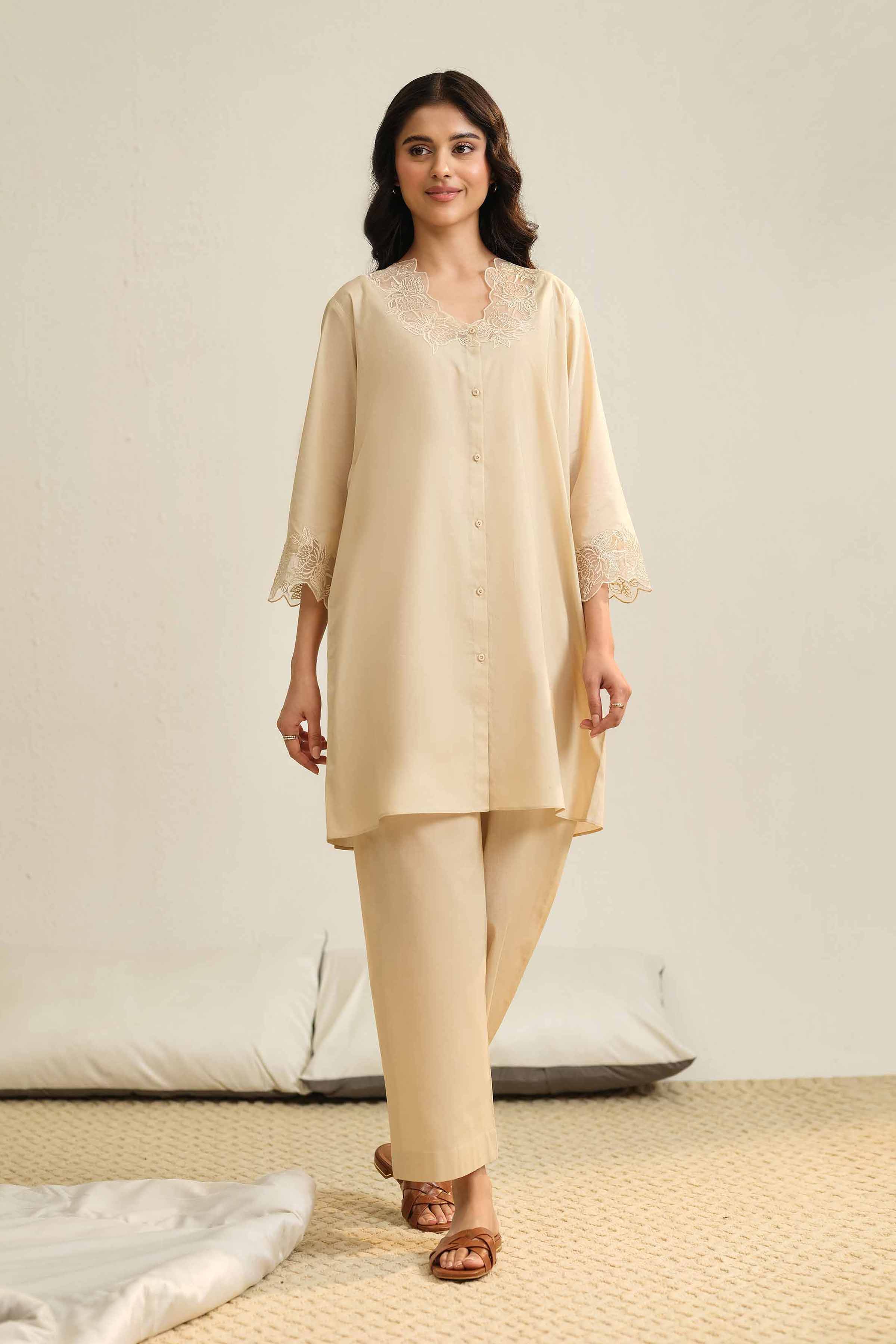 NishatUK - Beige Embroidered   Cambric 2-piece ready to wear Luxury Dress