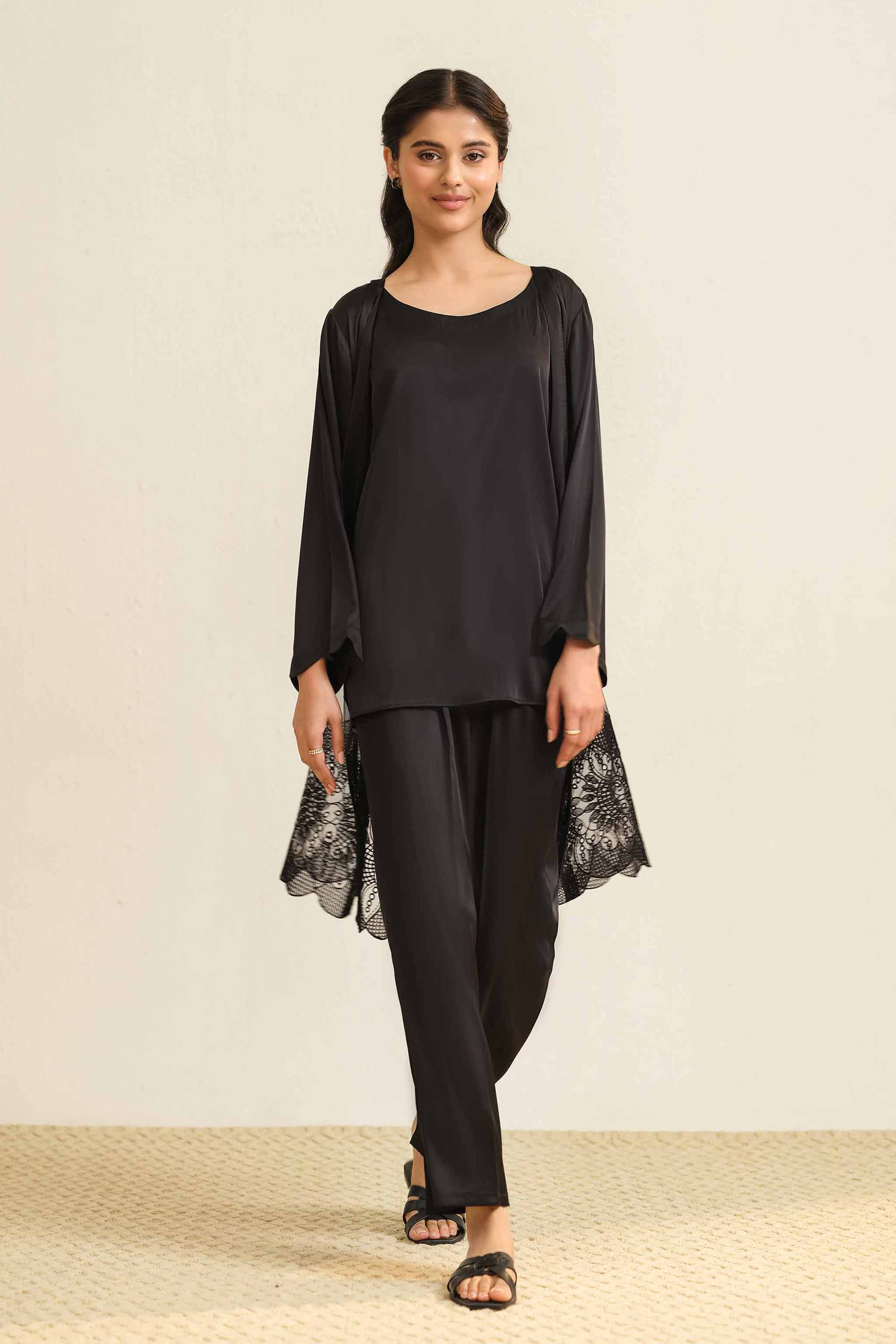 NishatUK - Black Embroidered  Silk 3-piece ready to wear Suit