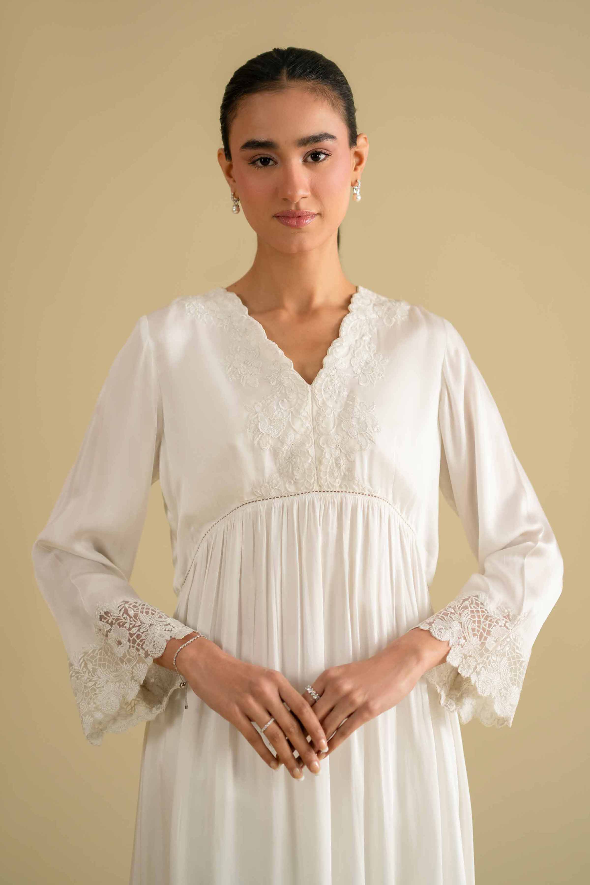 NishatUK - White Embroidered Silk 1-piece ready to wear loungewear