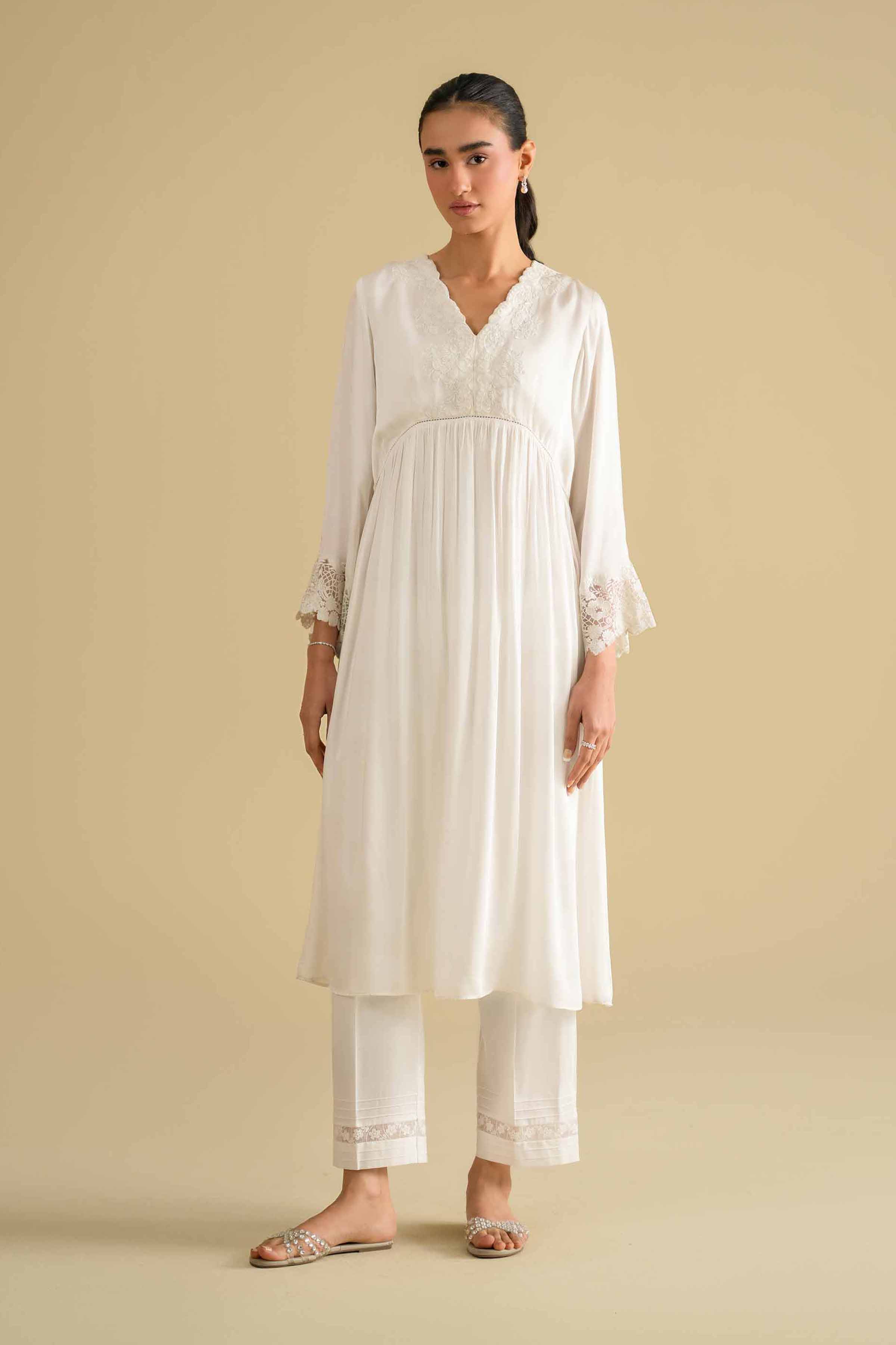 NishatUK - White Embroidered Silk 1-piece ready to wear loungewear