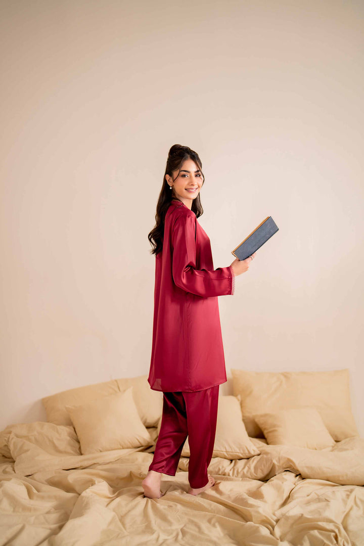 2 Piece Maroon Silk Basic Loungewear