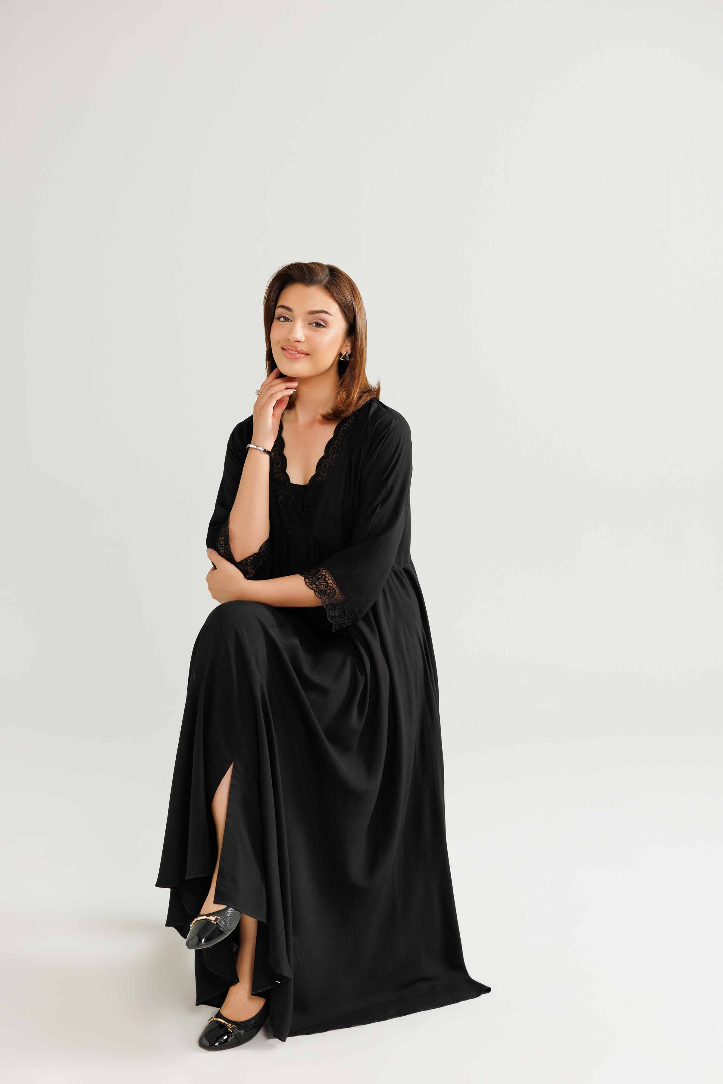 NishatUK - Black Embroidered Linen 1-piece ready to wear-luxury Loungewear