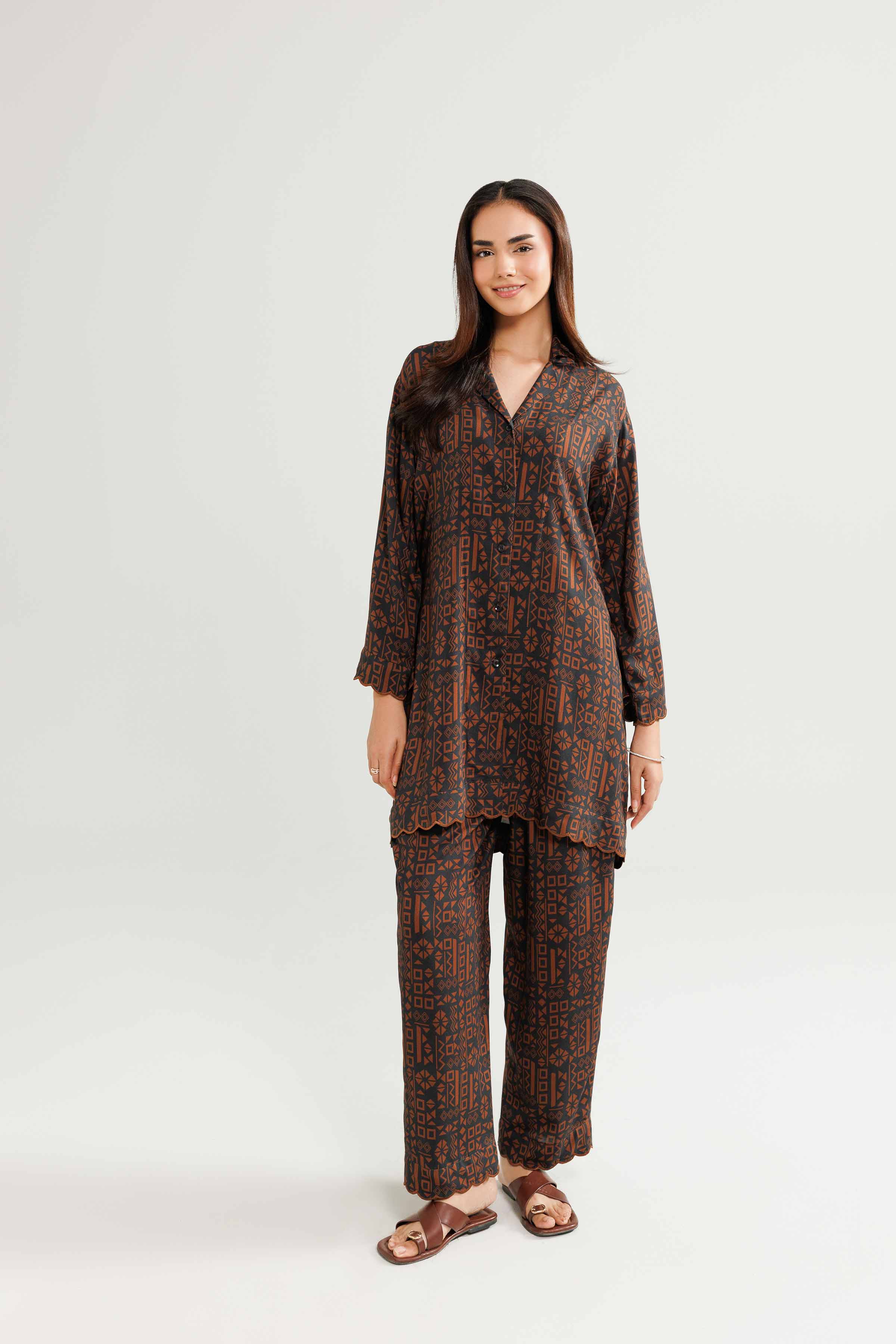 NishatUK - Brown Embroidered Linen 2-piece ready to wear Luxury Dress