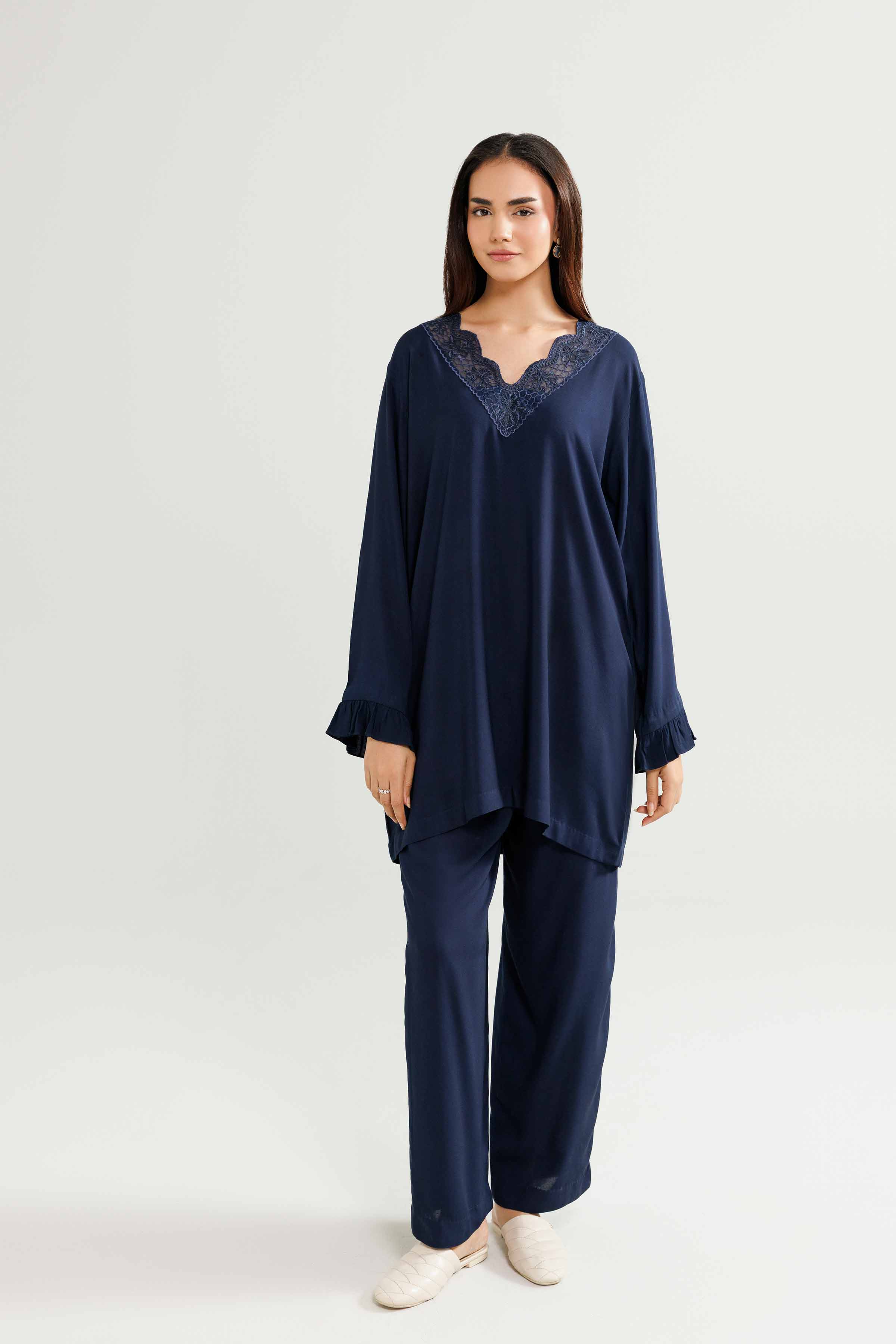 NishatUK - Blue Embroidered Linen 2-piece ready to wear-luxury Loungewear 