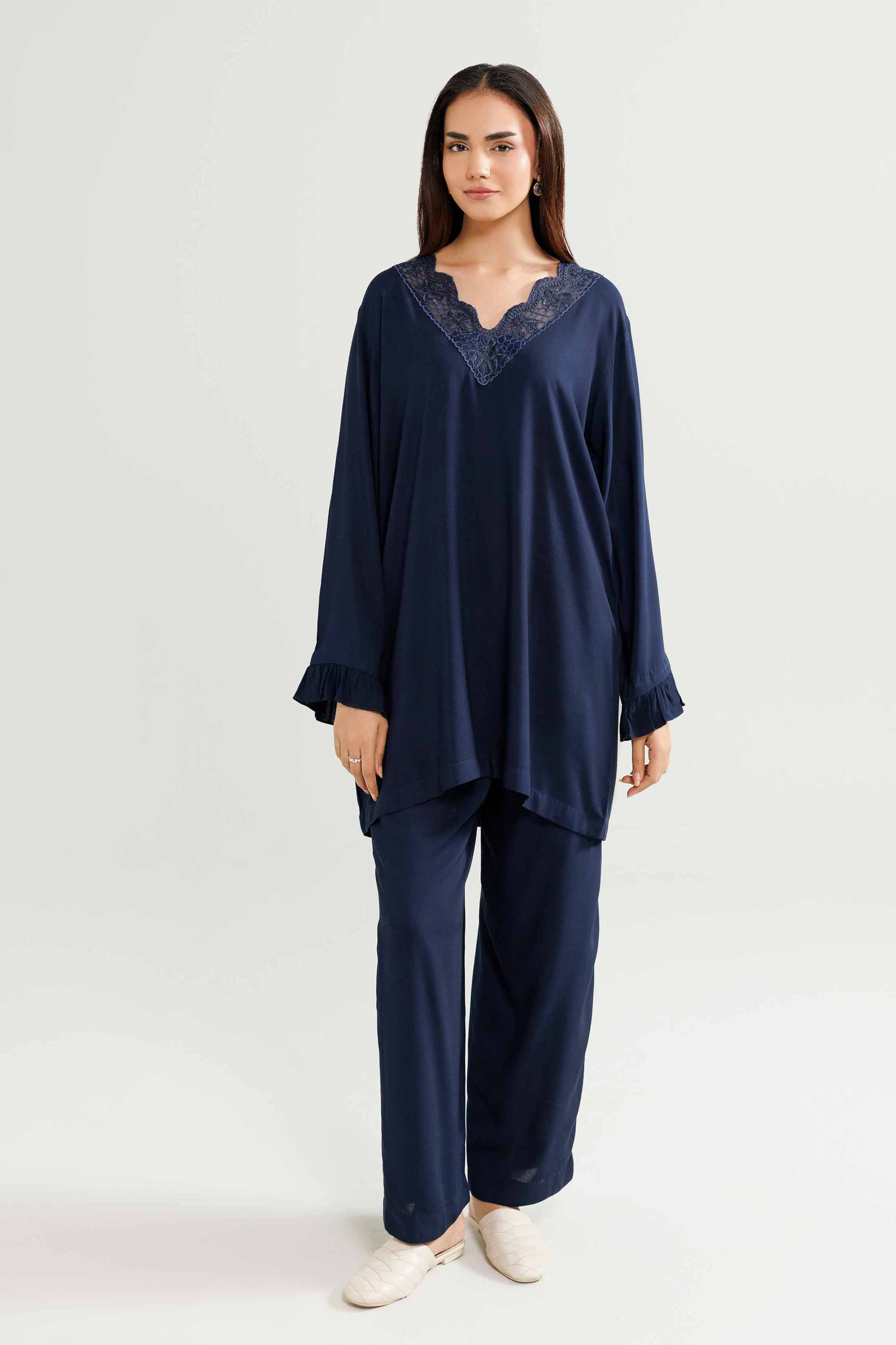 NishatUK - Blue Embroidered Linen 2-piece ready to wear-luxury Loungewear 
