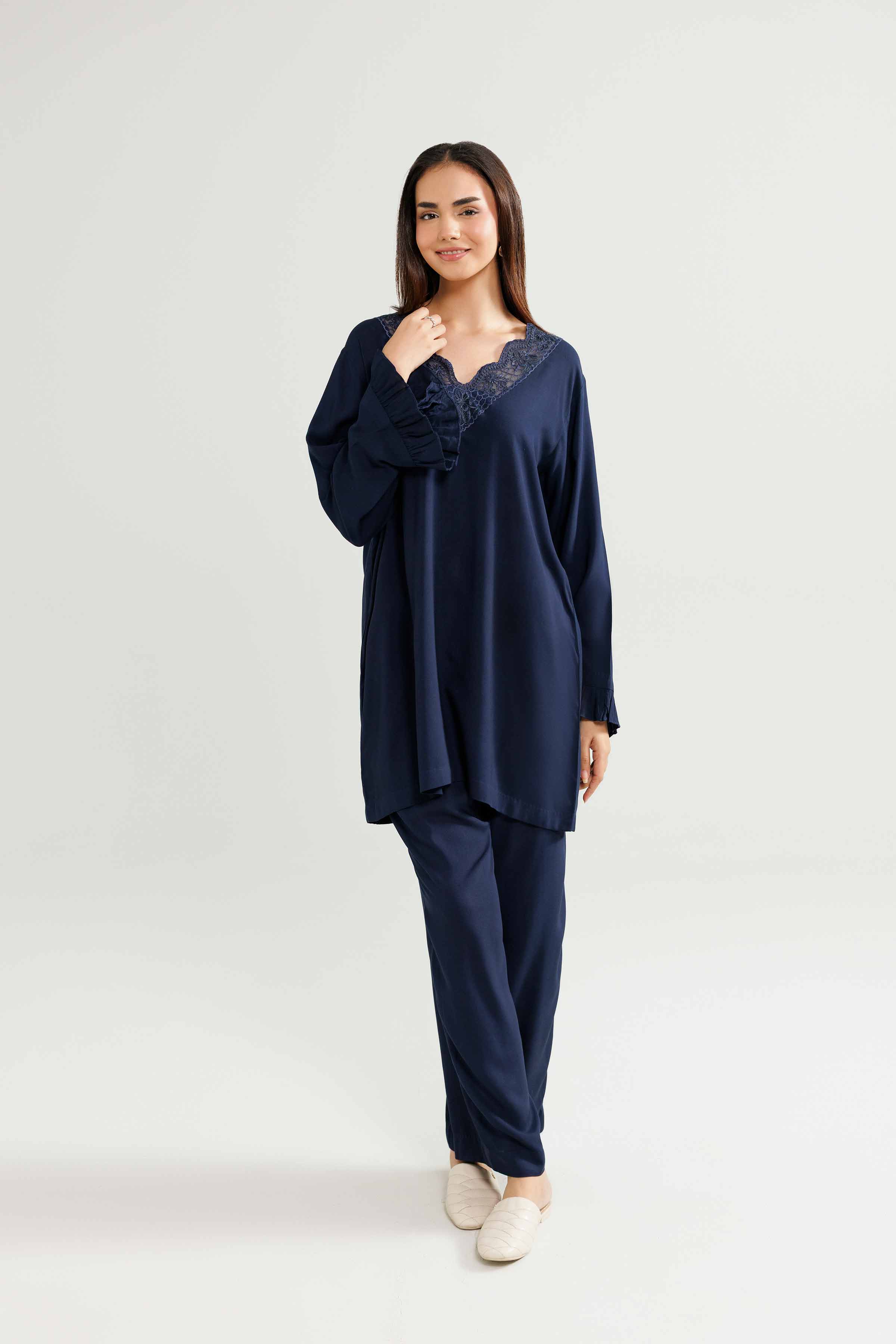 NishatUK - Blue Embroidered Linen 2-piece ready to wear-luxury Loungewear 