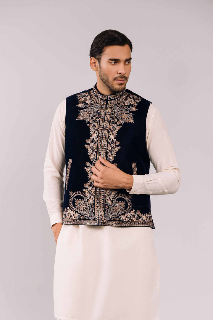 Blue Velvet Embroidered Winter Waistcoat