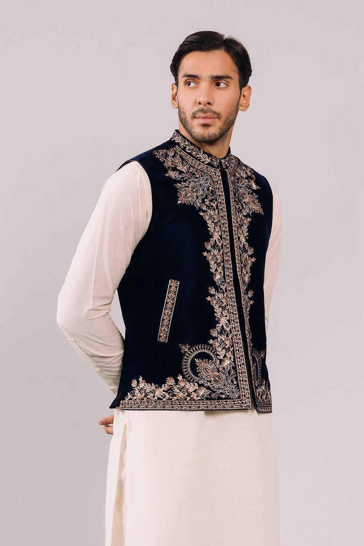 Blue Velvet Embroidered Winter Waistcoat